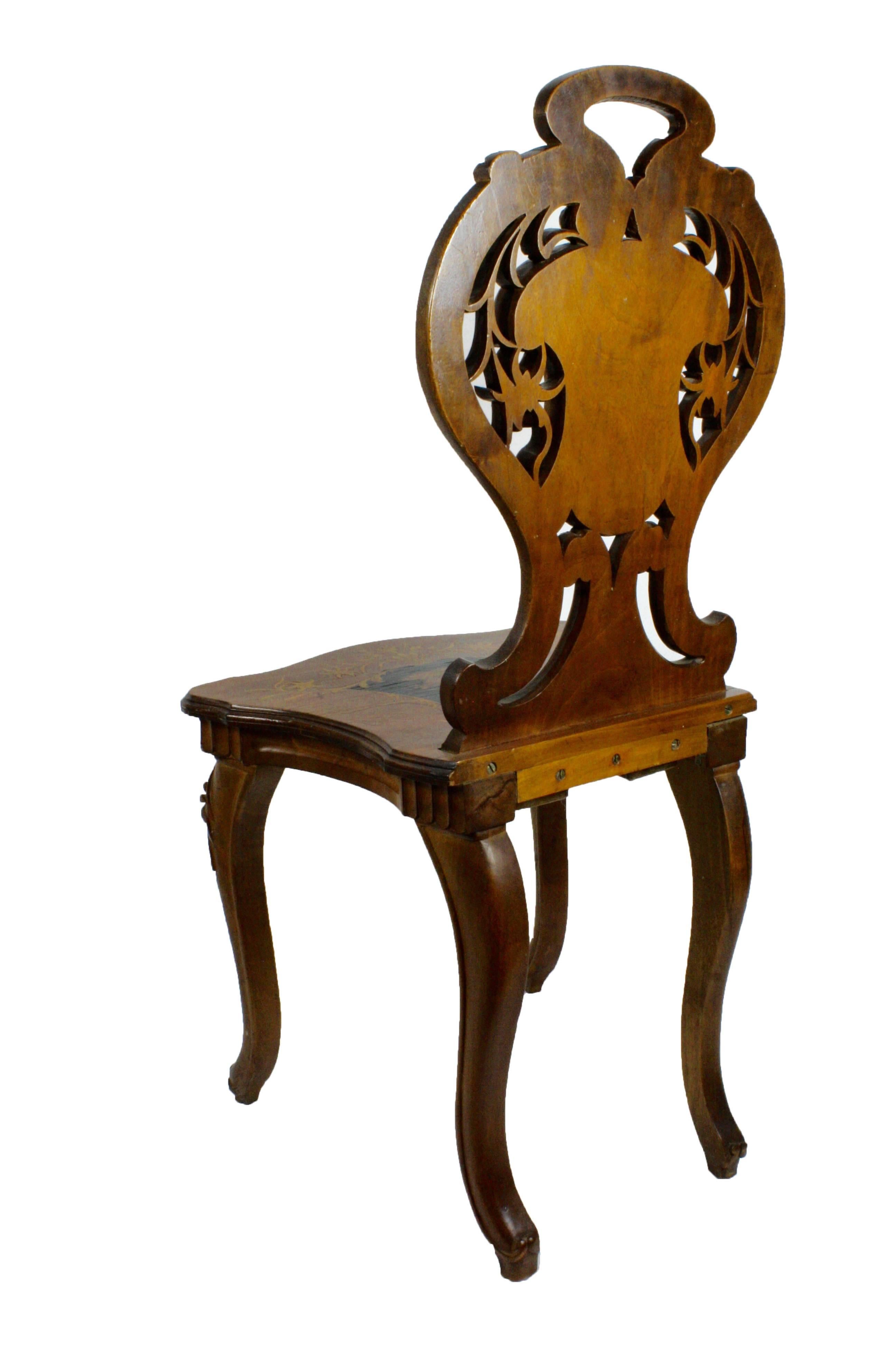 Carved Brienz Walnut Chair with Inlaid Seat and Back, circa 1900 