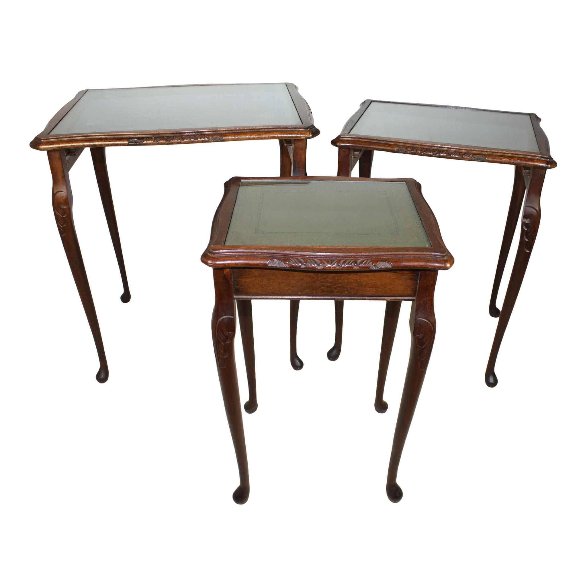 20th Century English Nesting Tables with Gilt Leather Tops, circa 1930