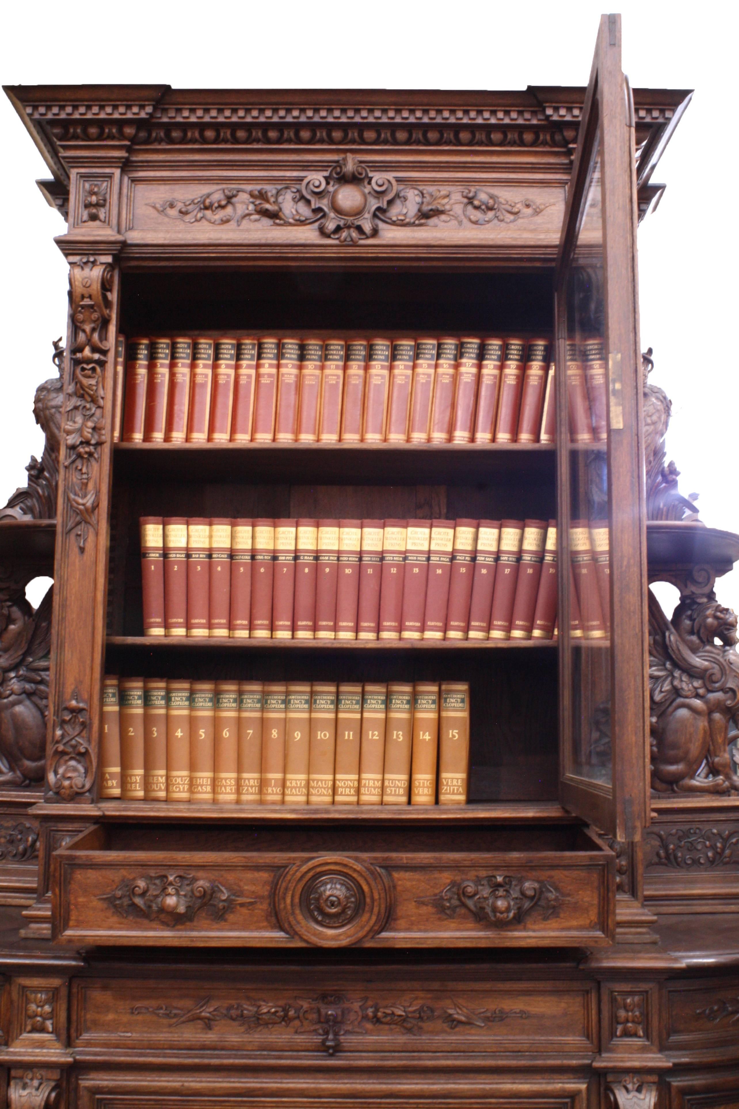 Carved French Hunt Cabinet and Bookshelf, circa 1880