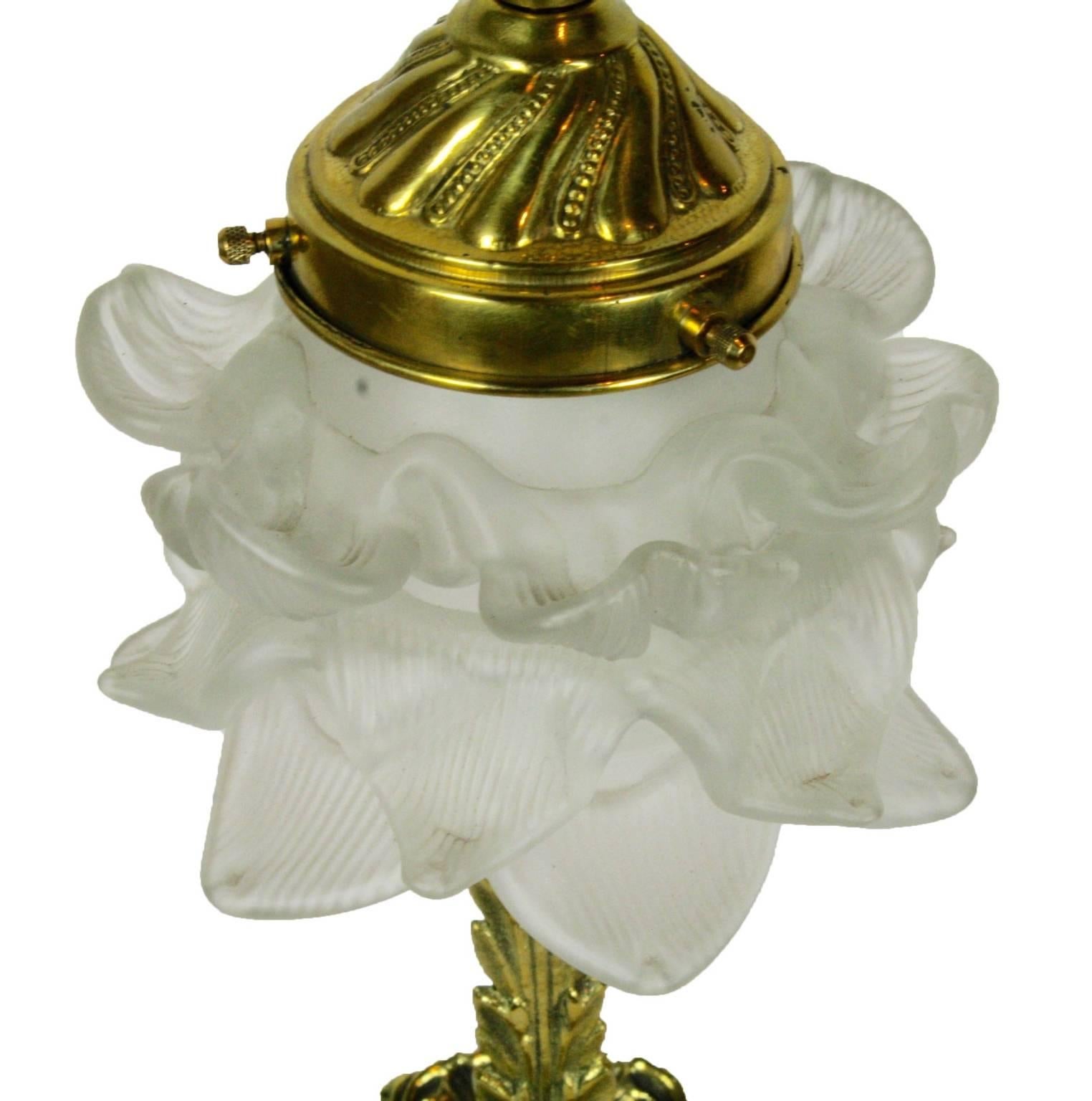 Belgian Set of Two Art Nouveau Brass and Frosted Glass Flower Lamps