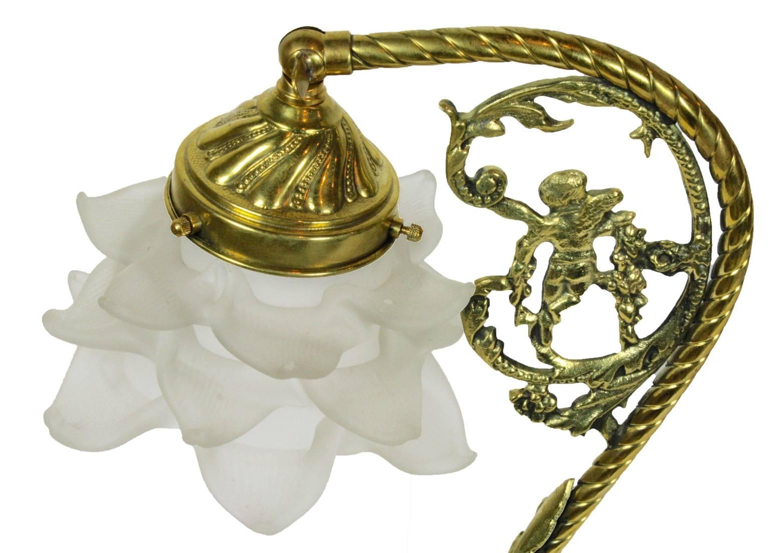 20th Century Set of Two Art Nouveau Brass and Frosted Glass Flower Lamps