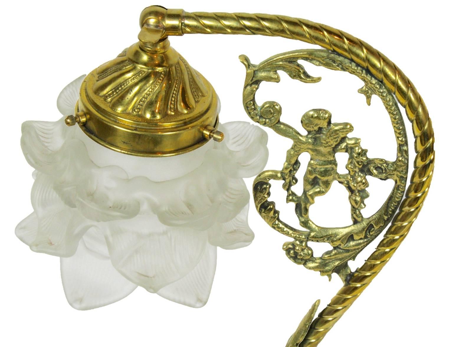 Blown Glass Set of Two Art Nouveau Brass and Frosted Glass Flower Lamps