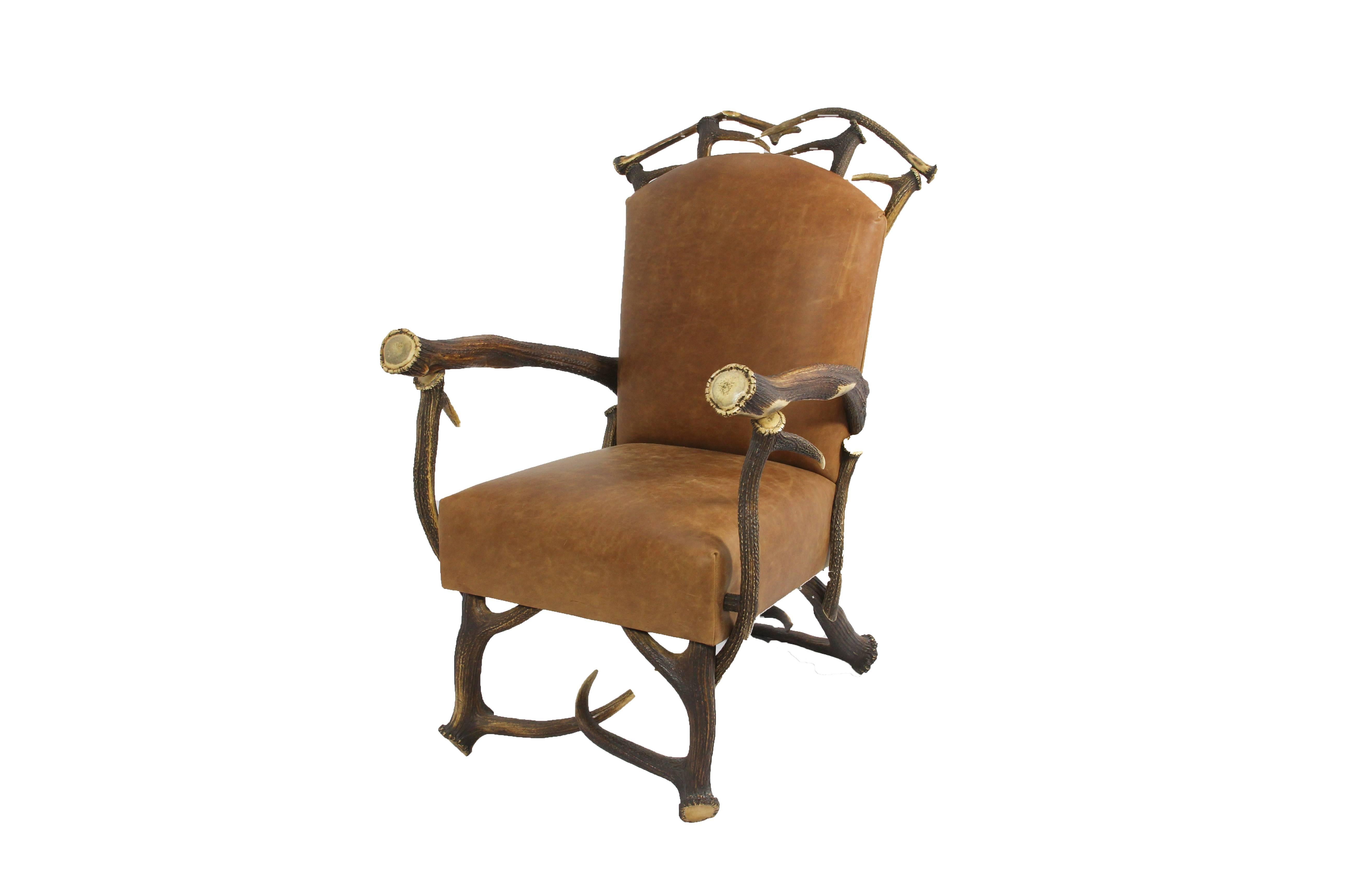 American Brown Leather and Red Stag Antler Chair with Matching Ottoman