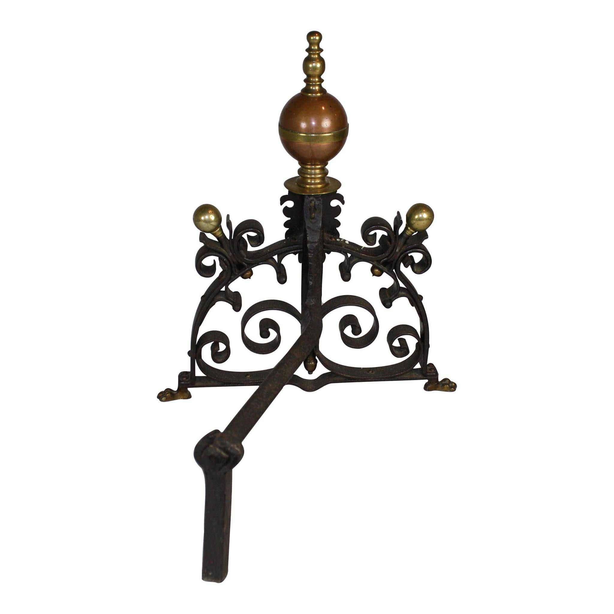 Pair of English Iron, Copper and Brass Fireplace Andirons/Fire Dogs, circa 1910 1