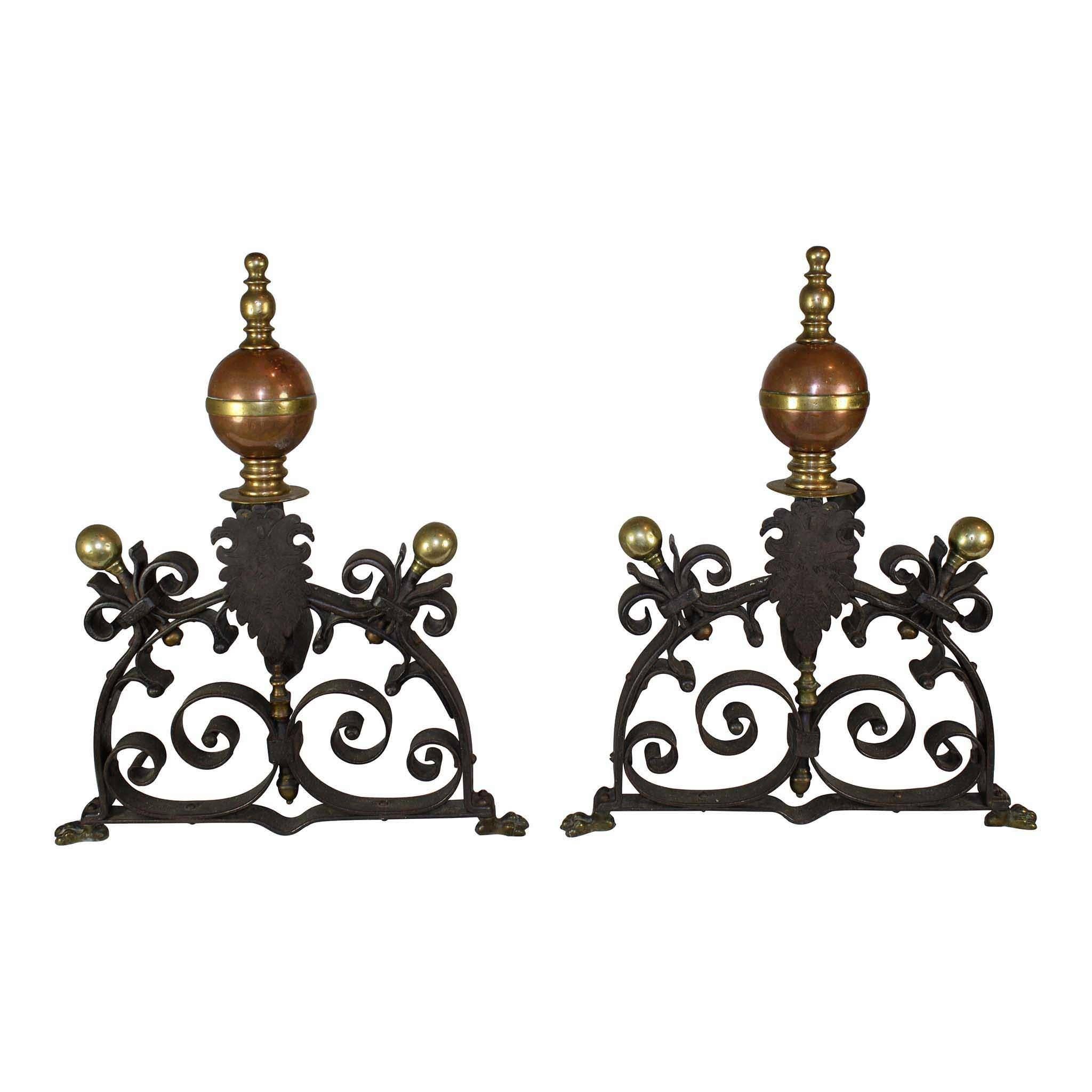 Pair of English Iron, Copper and Brass Fireplace Andirons/Fire Dogs, circa 1910