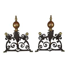 Antique Pair of English Iron, Copper and Brass Fireplace Andirons/Fire Dogs, circa 1910