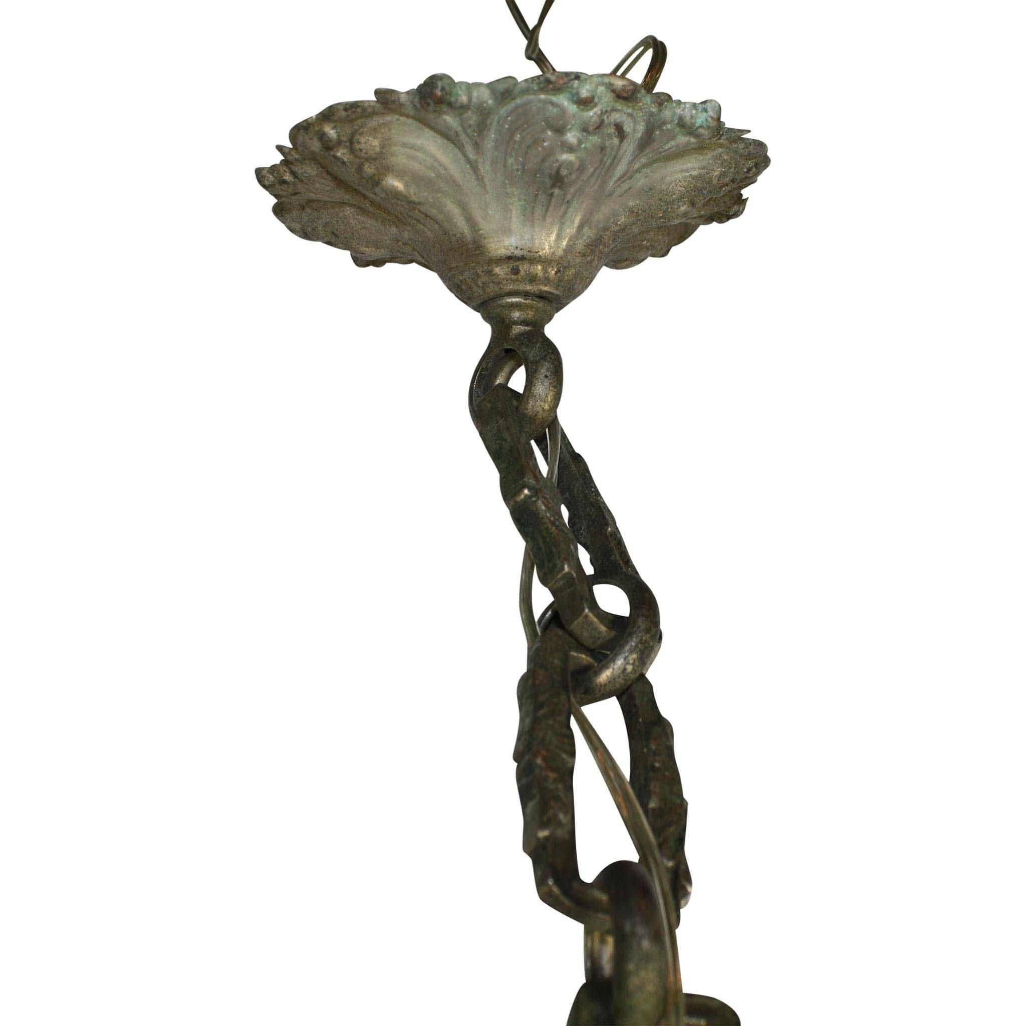 Art Nouveau Chromed Bronze and Glass Hanging Lantern In Good Condition For Sale In Evergreen, CO