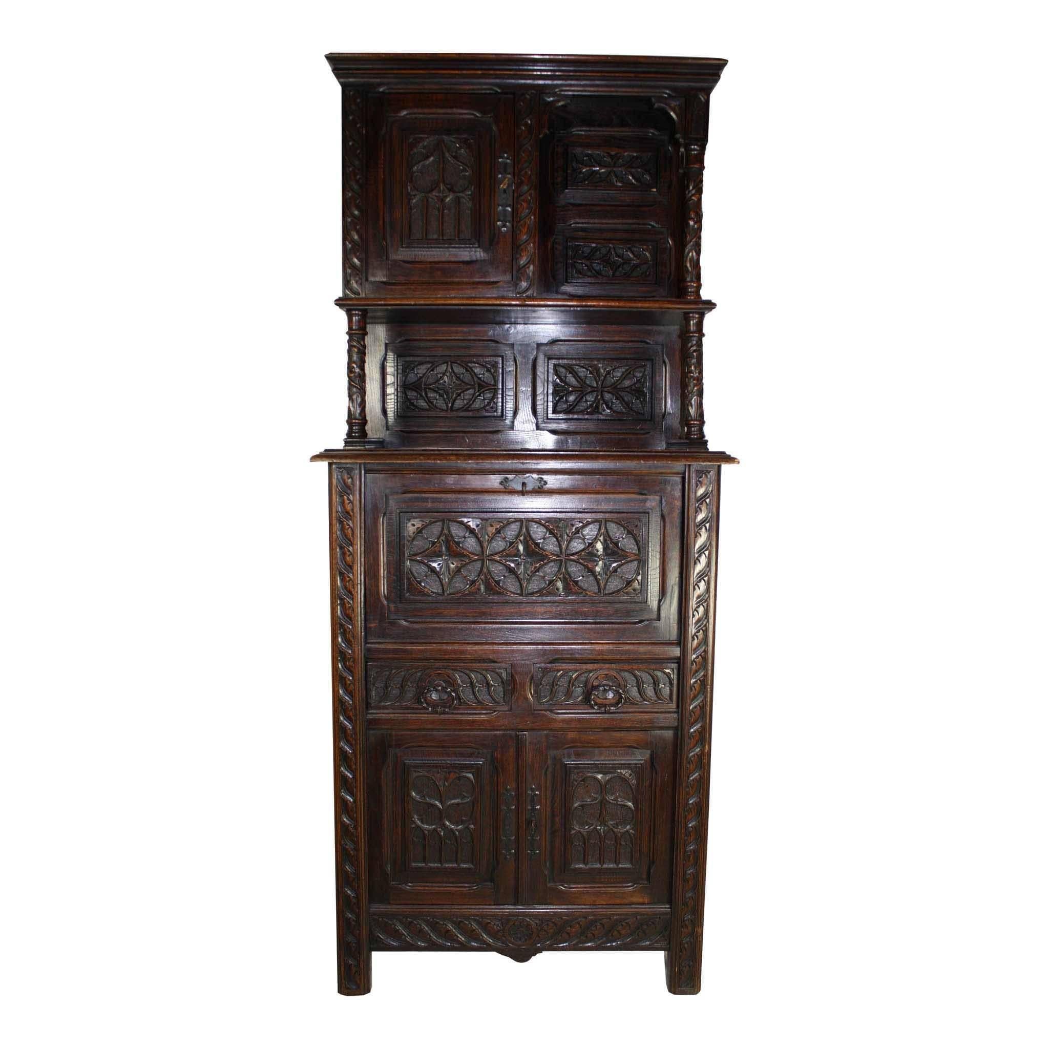 Gothic Revival Carved Walnut Cabinet, circa 1900, Two Available