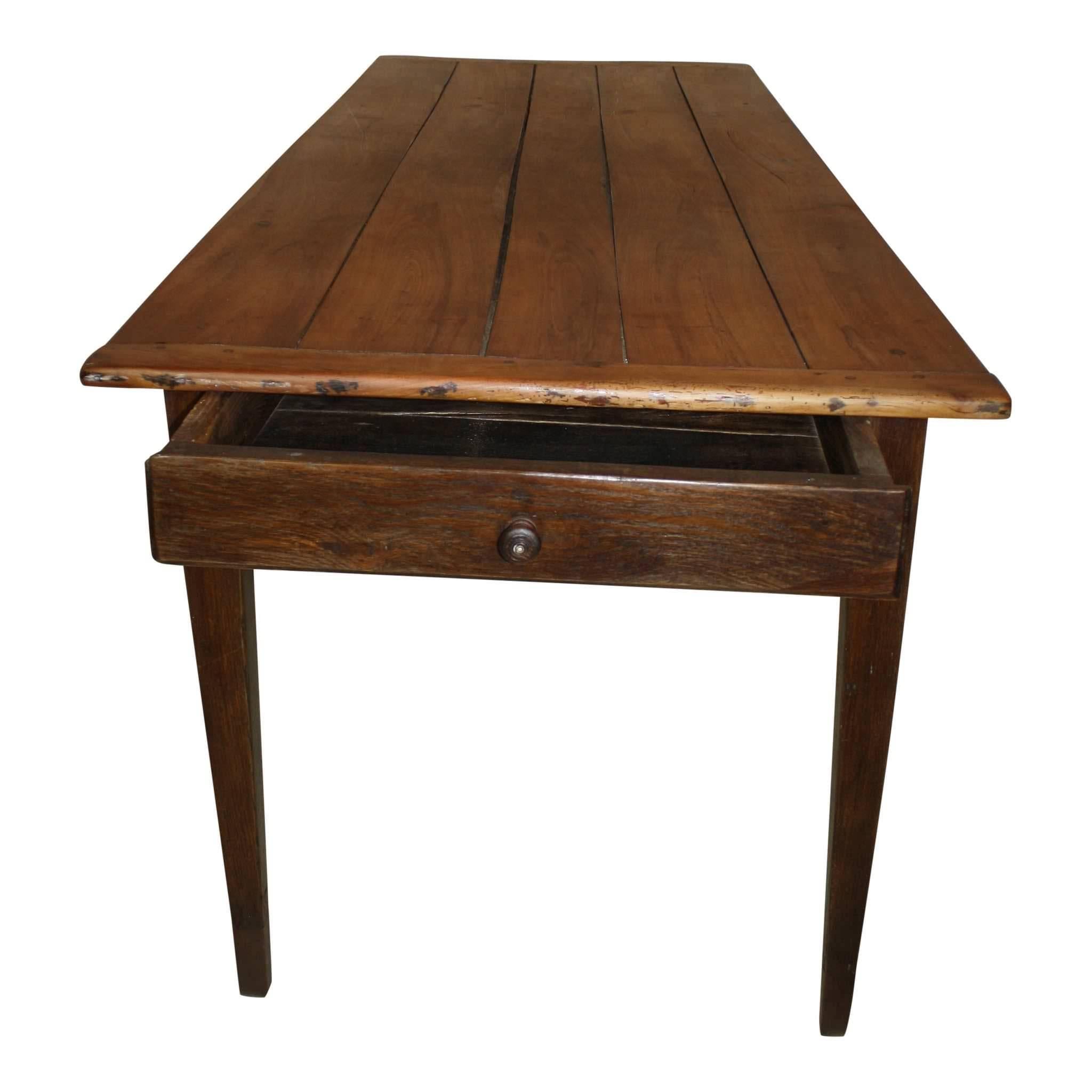 Country French Cherry and Oak Farm Table with Drawer, circa 1850