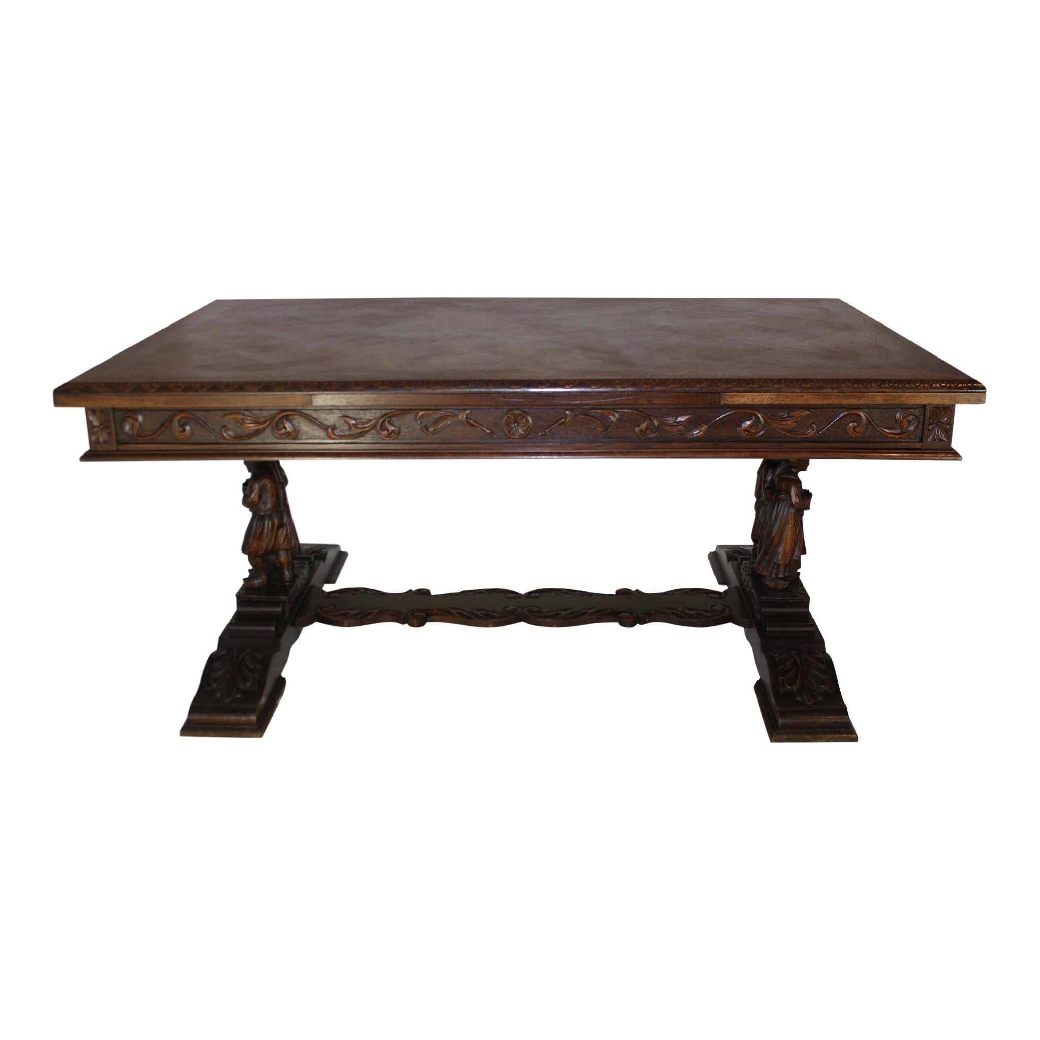 Hand-Carved Belgian Draw Leaf Table with Six Chairs, circa 1910