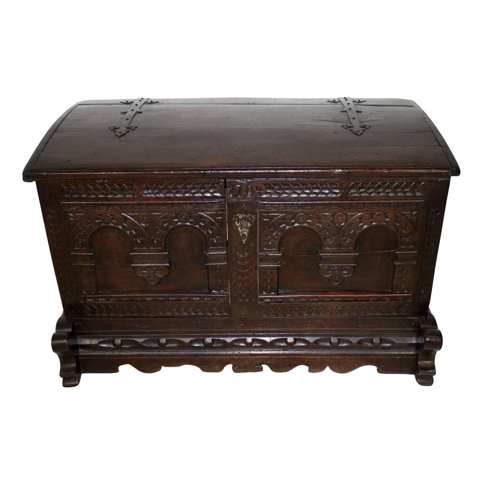 While we usually stick to pieces that are in their original condition, this piece intrigued us so we made an exception. Sometime in the late 19th-early 20th century, this piece went through a transformation. From flip-top trunk or blanket chest to a