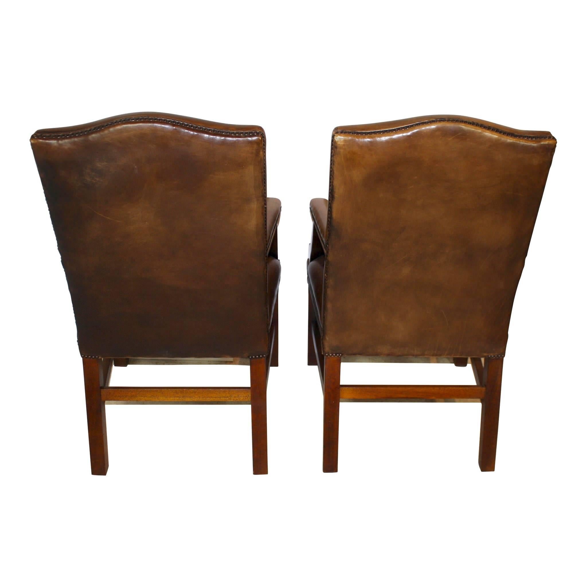 Arts and Crafts Early 20th Century English Arched Back Leather Armchairs