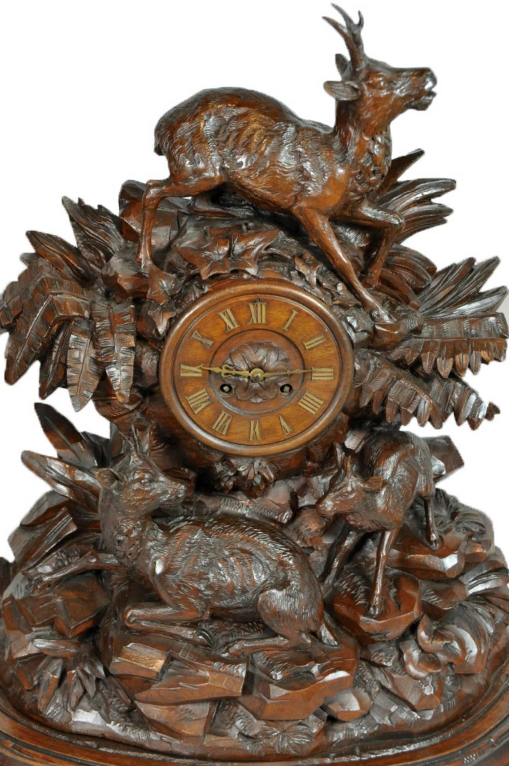 Swiss Walnut Black Forest Mantle Clock and Candelabras, circa 1870