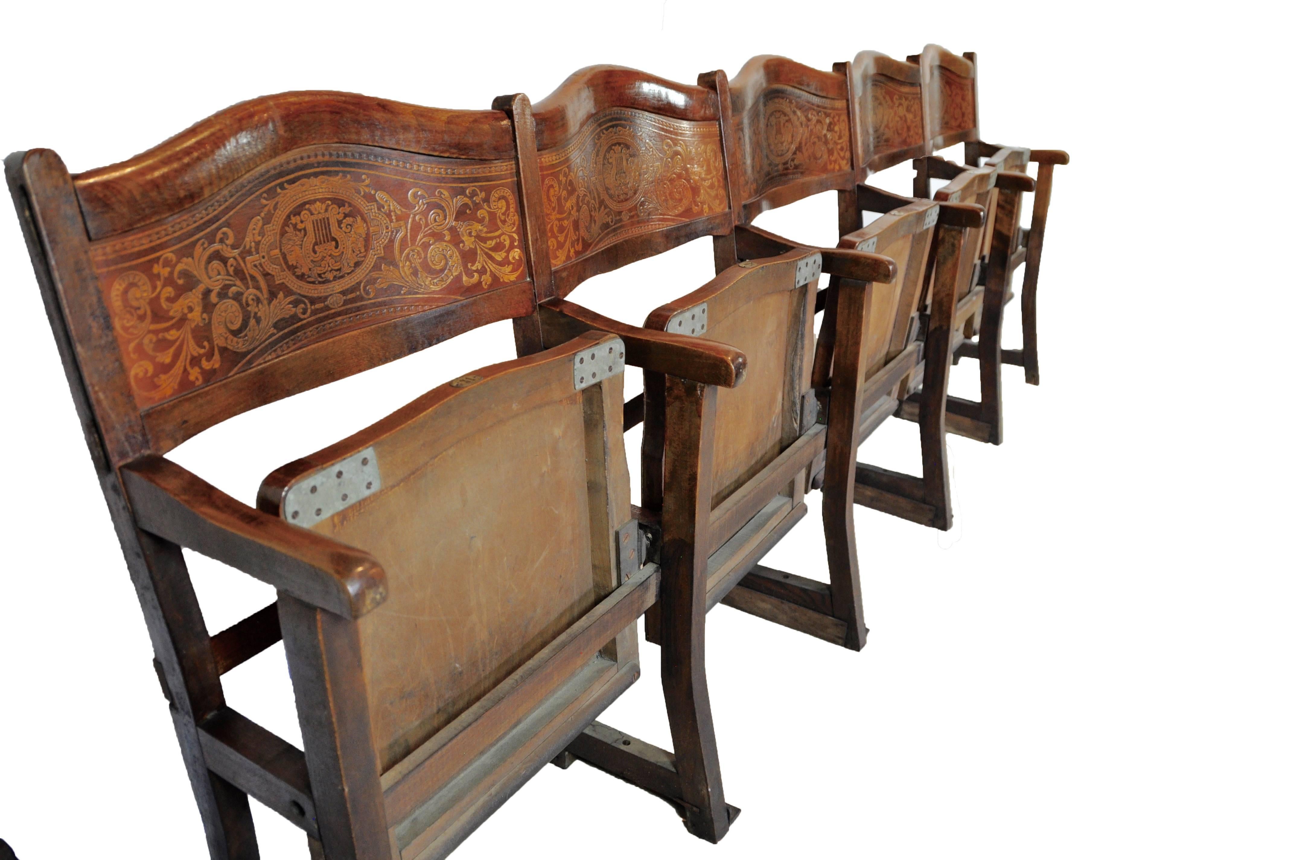Art Nouveau Theatre Seats Row of Five Chairs, circa 1910 In Good Condition In Evergreen, CO