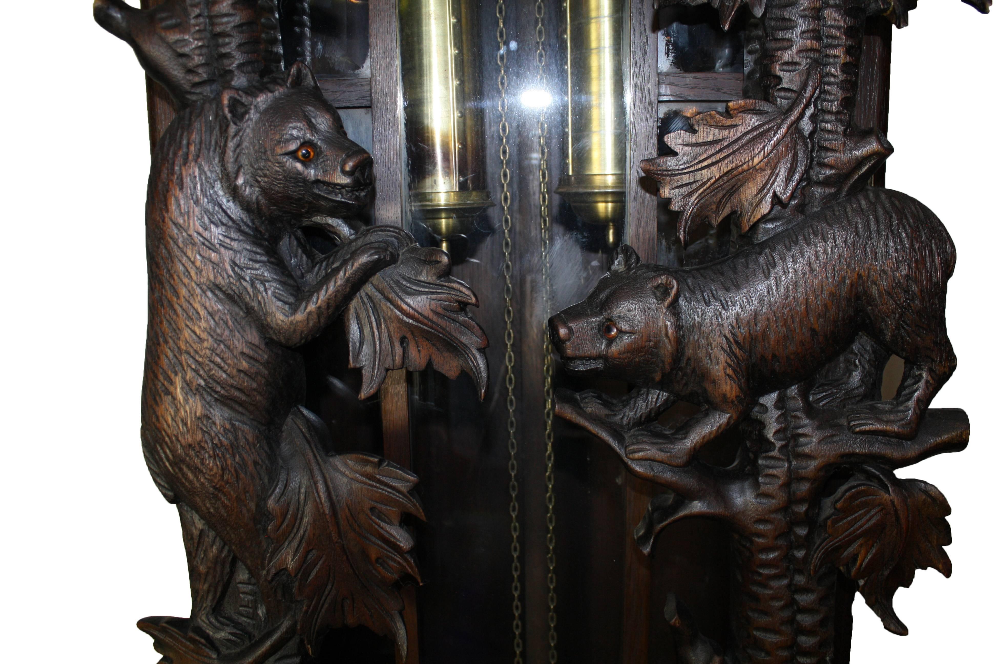 Swiss Black Forest Carved Long Case Clock with Bears and Trees, circa 1950