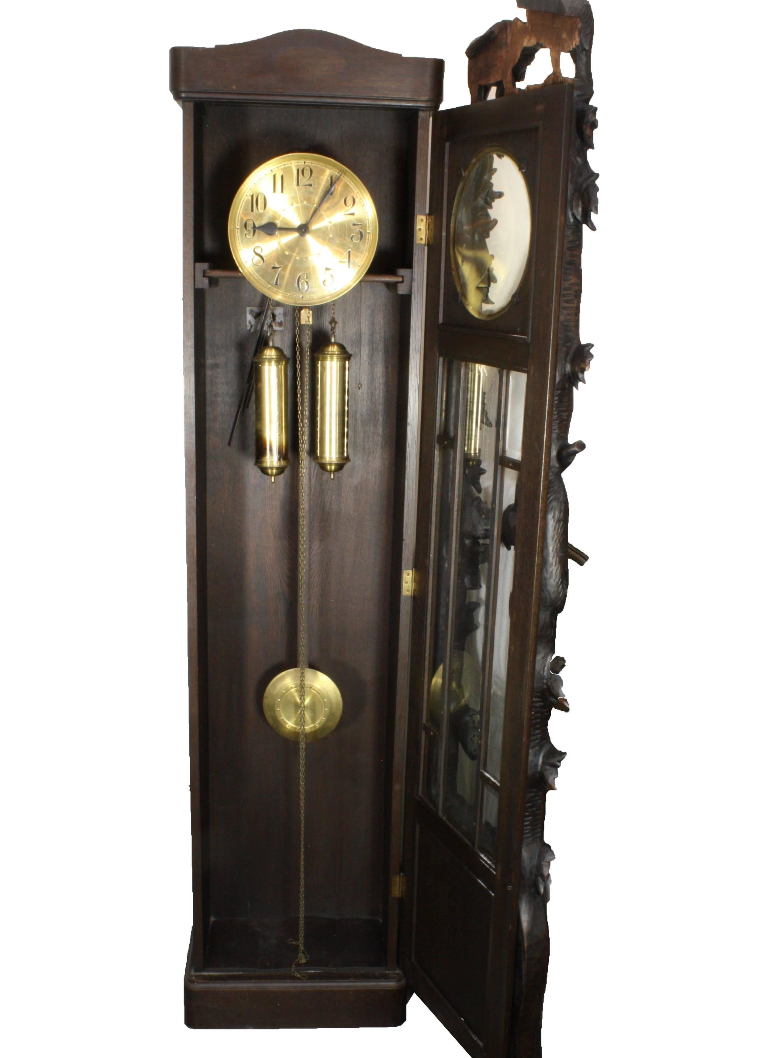 Oak Black Forest Carved Long Case Clock with Bears and Trees, circa 1950