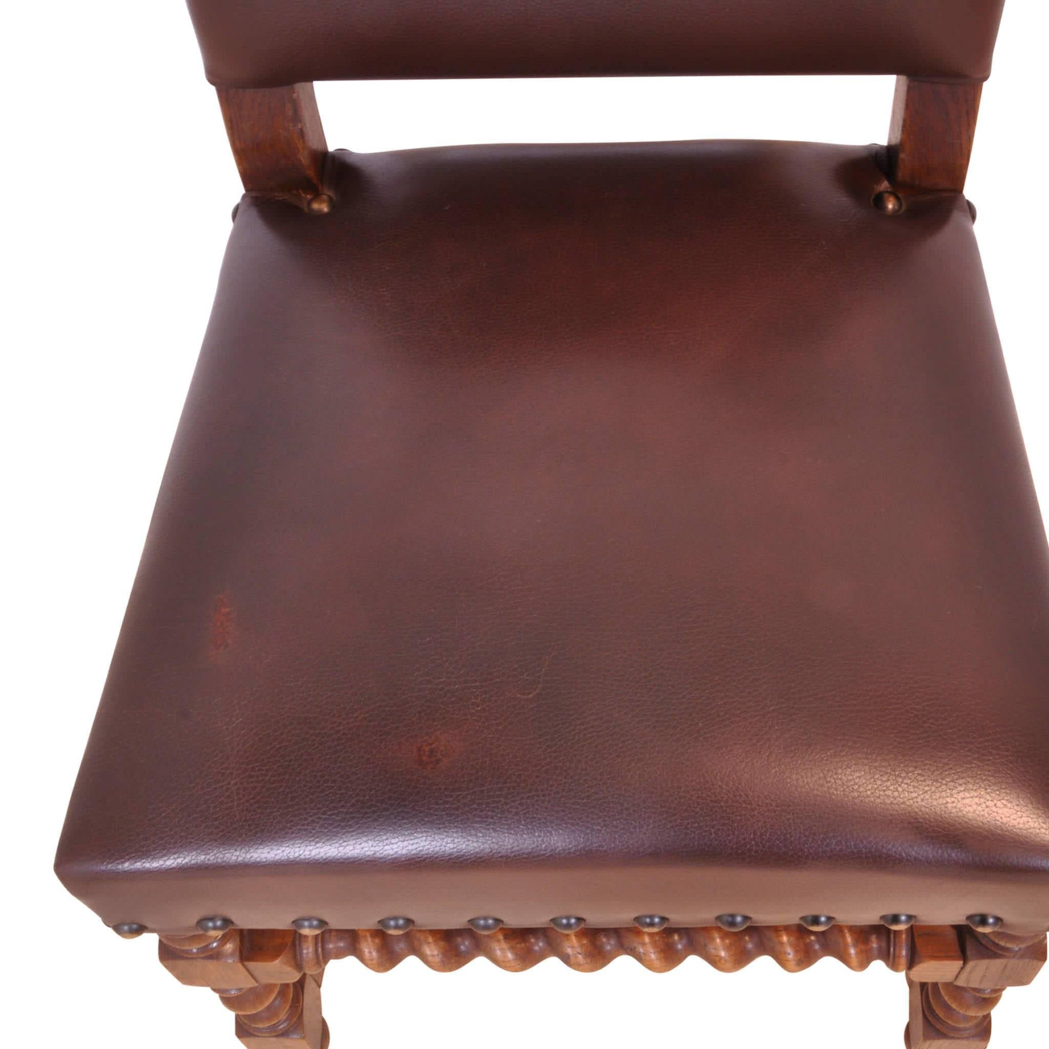 French Barley Twist Chairs with Leather, Set of Six, circa 1910, 'Reupholstered' 1