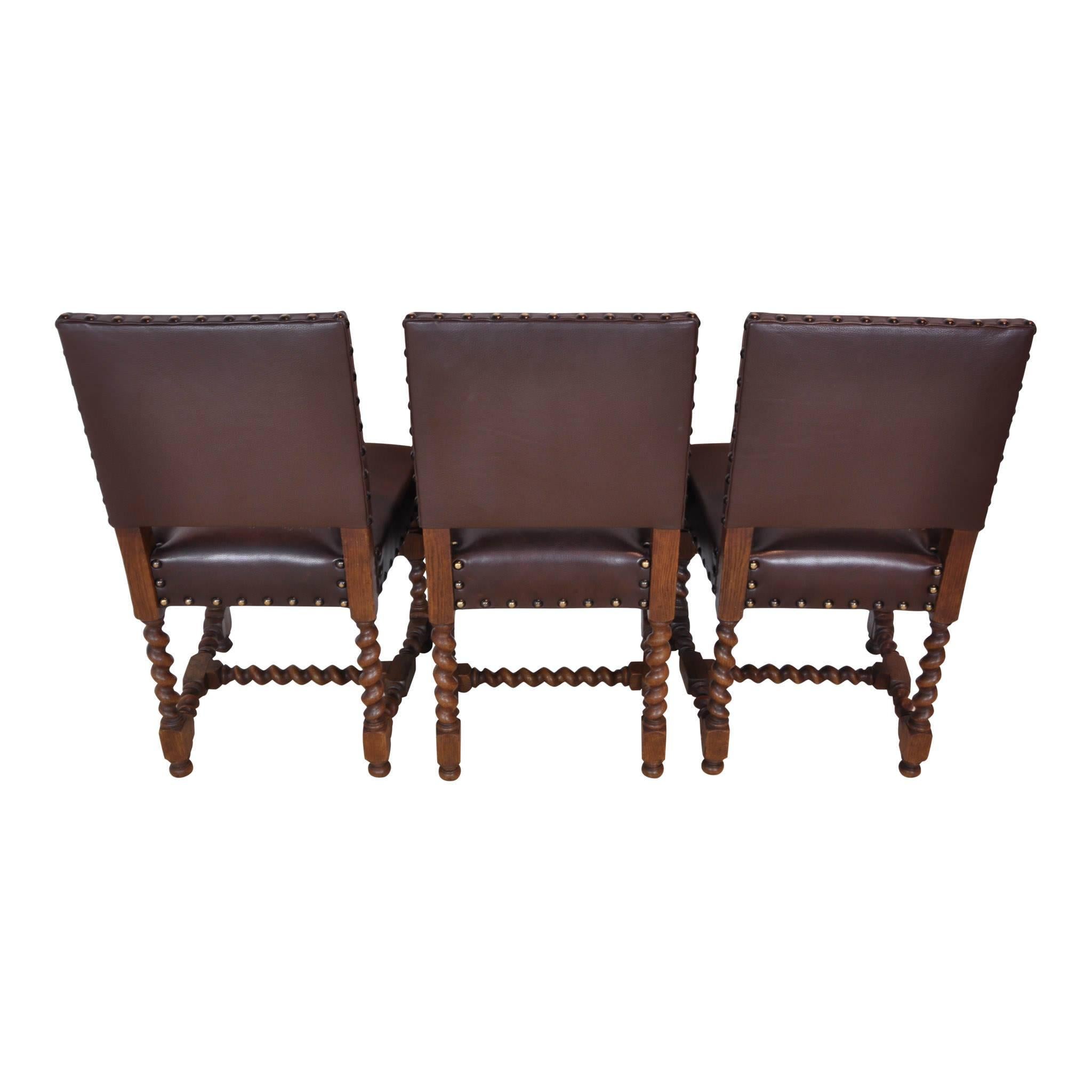 French Barley Twist Chairs with Leather, Set of Six, circa 1910, 'Reupholstered' 3