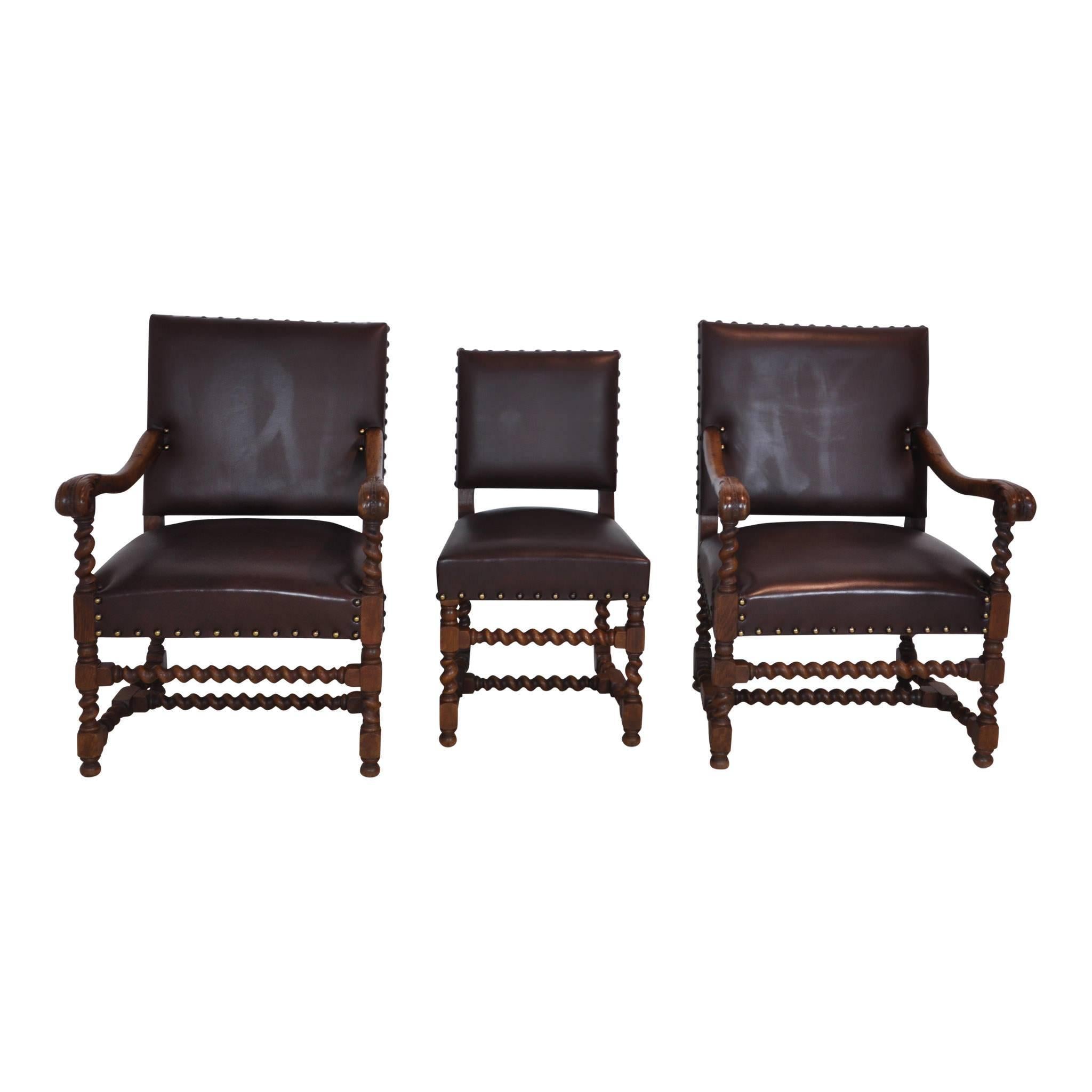 French Barley Twist Chairs with Leather, Set of Six, circa 1910, 'Reupholstered' In Good Condition In Evergreen, CO