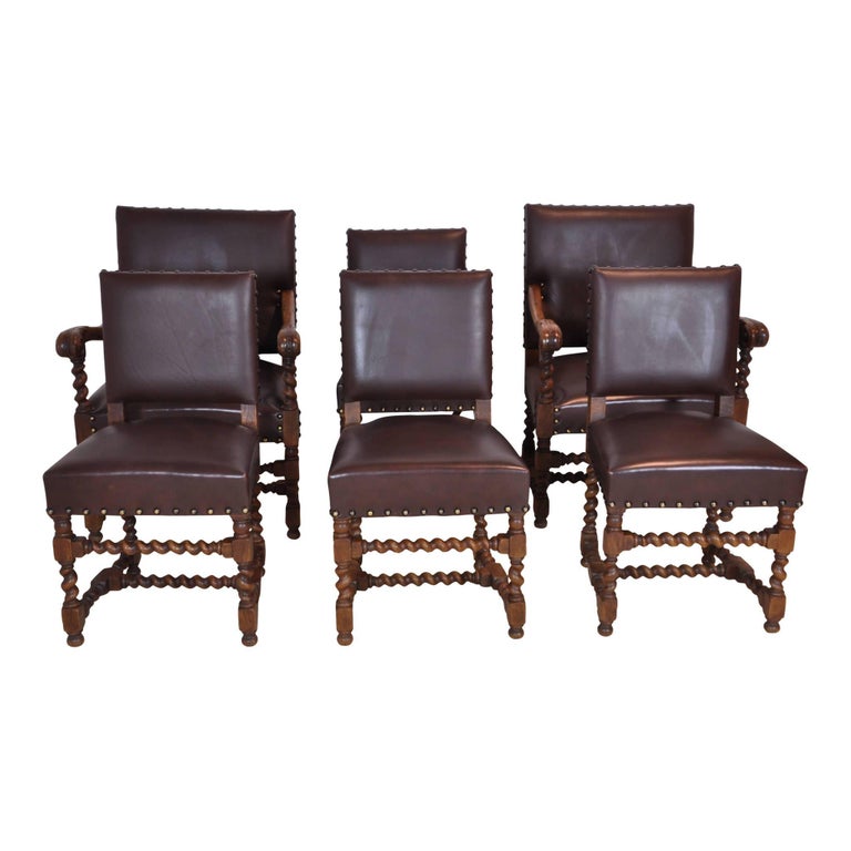 French Barley Twist Chairs with Leather, Set of Six, circa 1910, 'Reupholstered' at 1stDibs