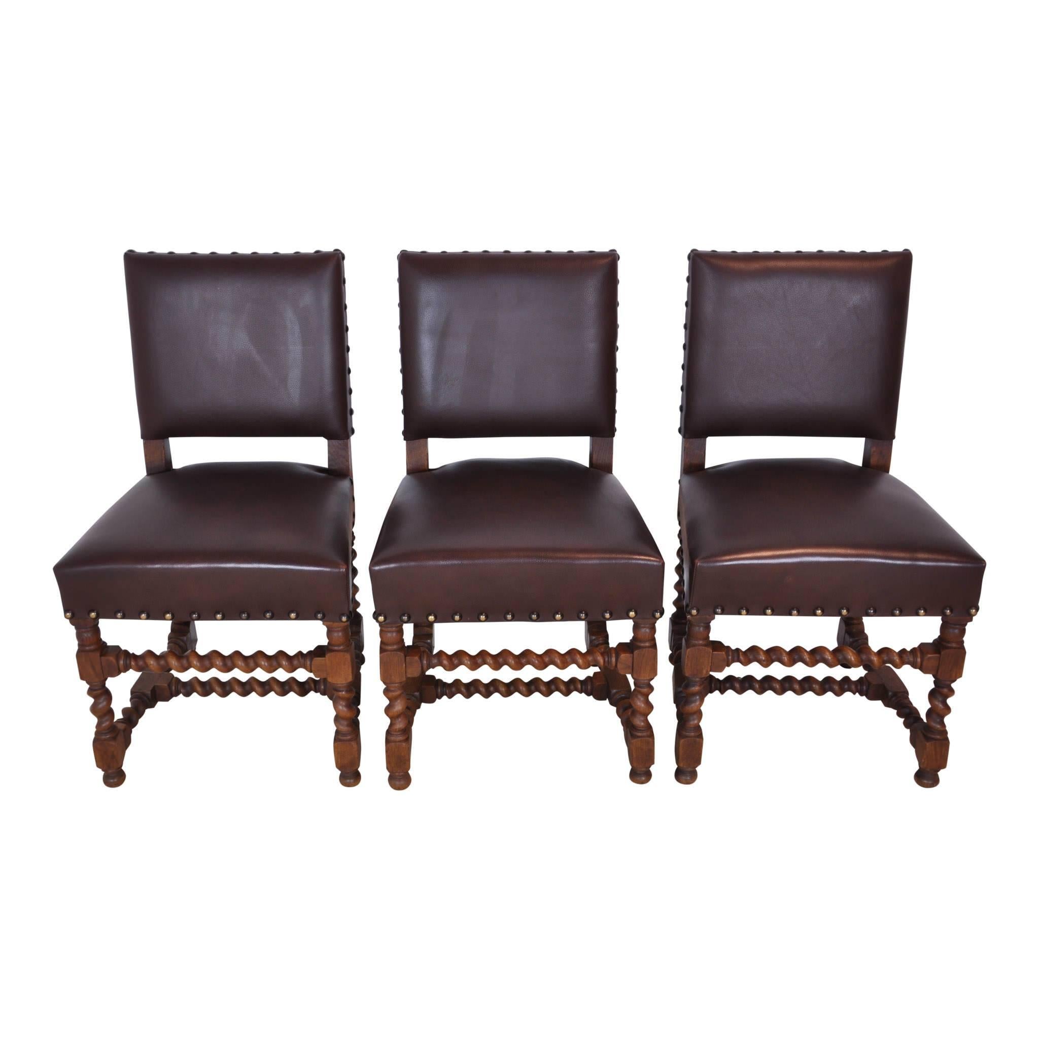 French Barley Twist Chairs with Leather, Set of Six, circa 1910, 'Reupholstered' 2