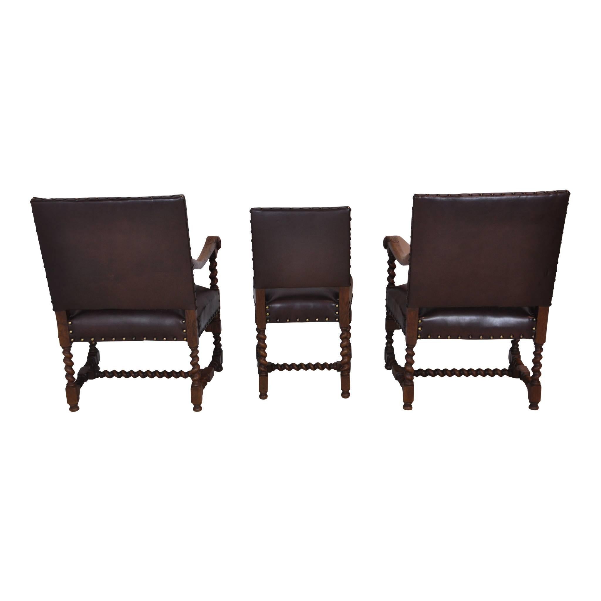 20th Century French Barley Twist Chairs with Leather, Set of Six, circa 1910, 'Reupholstered'