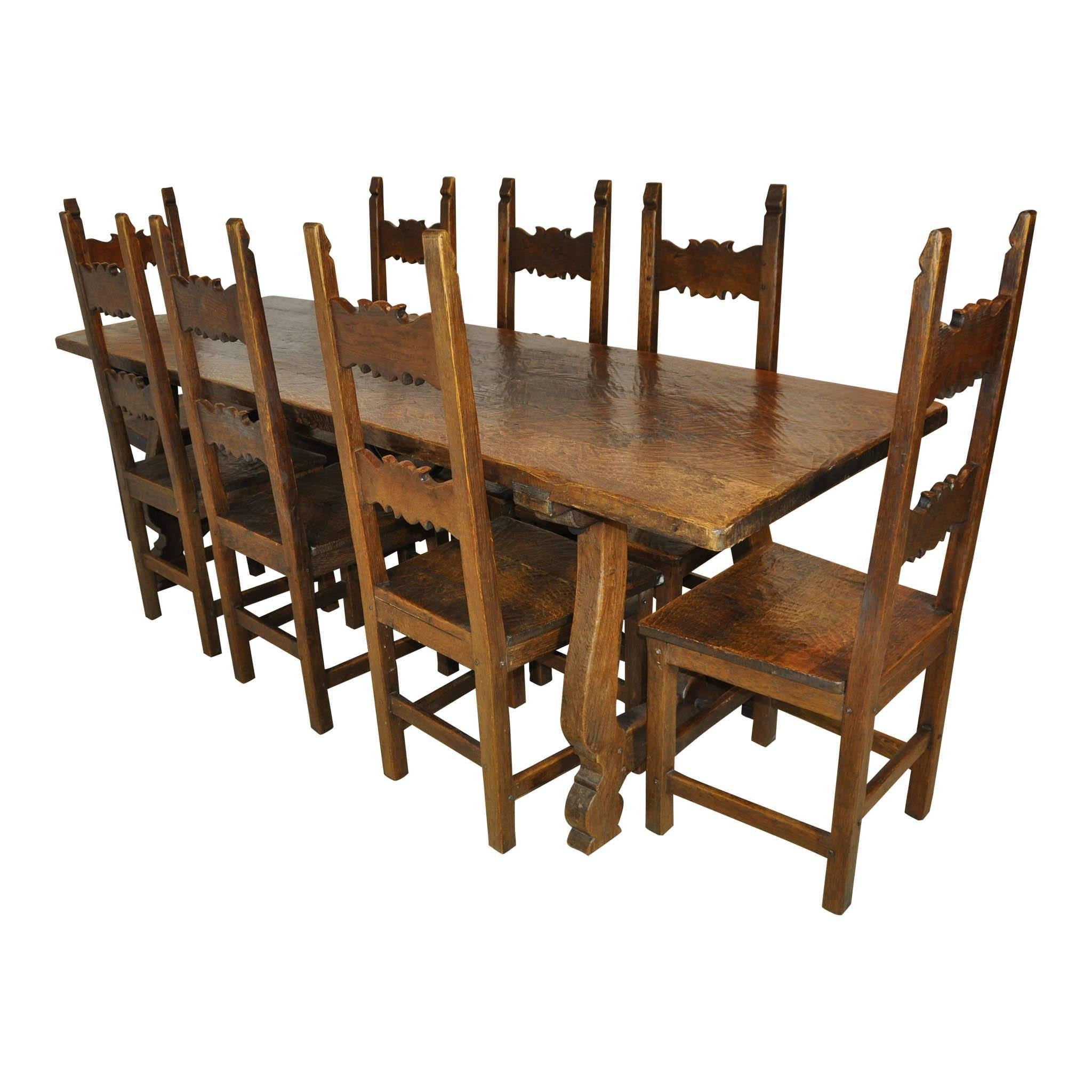 Spanish Colonial Trestle Dining Table and Eight Chairs, circa 1940