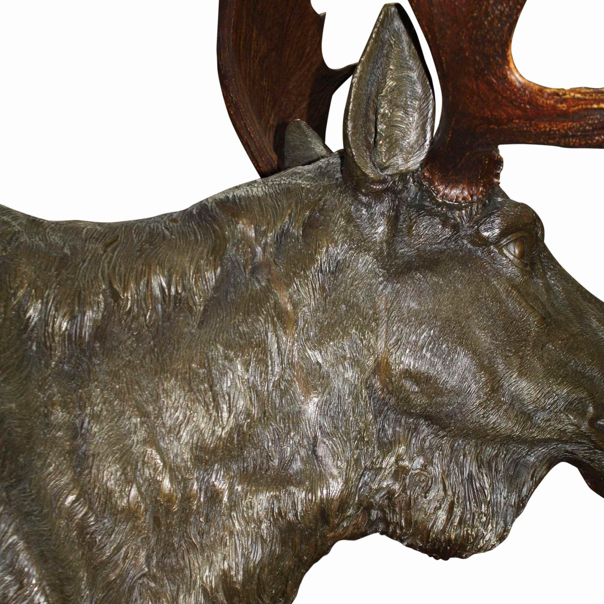 Cast Bronze Moose with Antlers on Walnut Wall-Mount Plaque