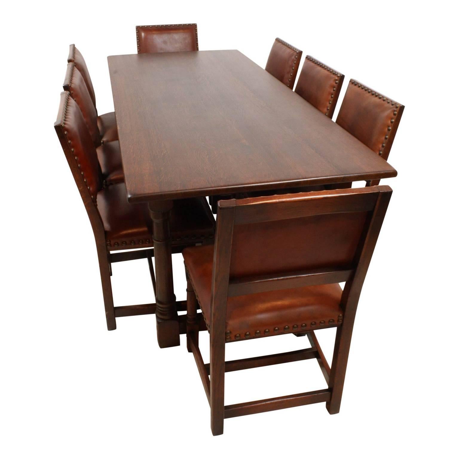 Mid-20th Century Oak Dining Room Table with Eight Leather Chairs
