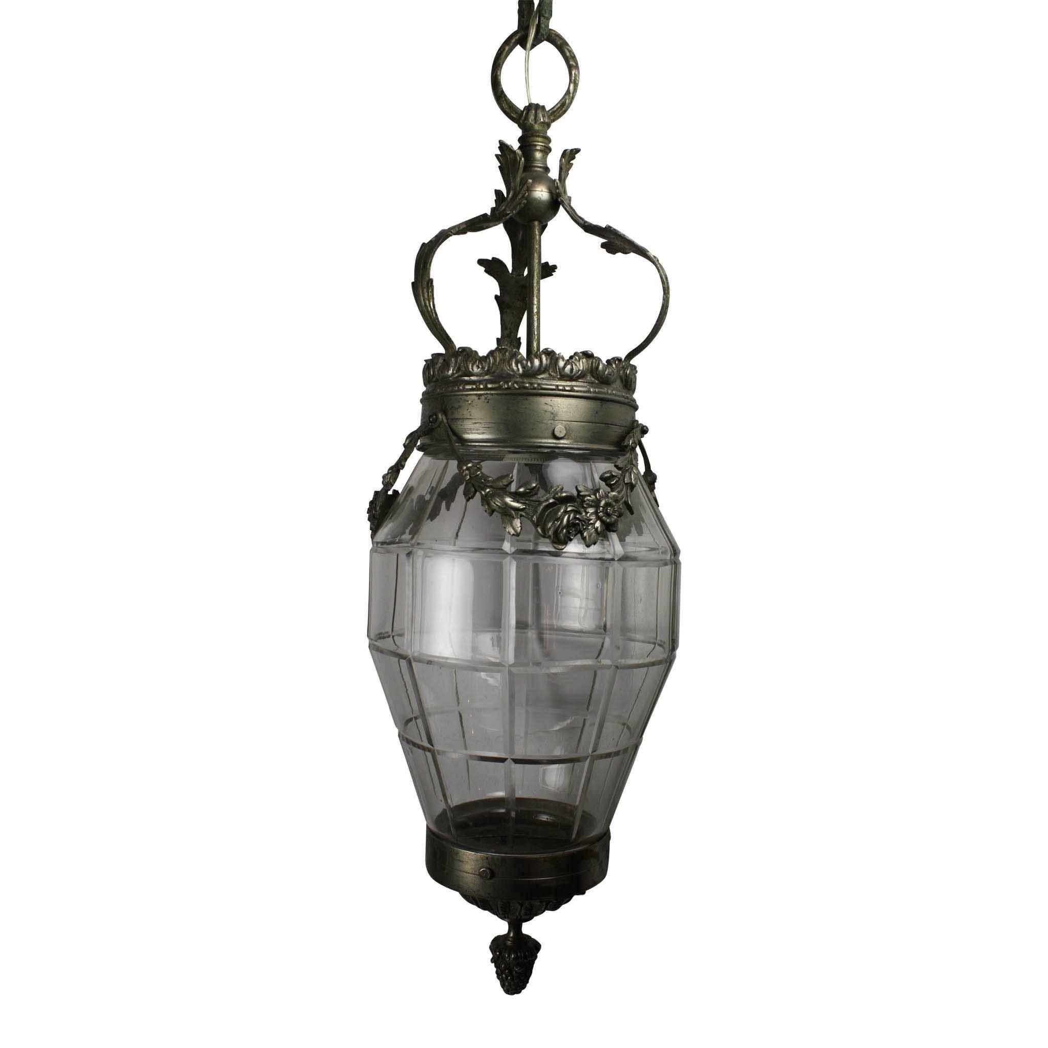 Art Nouveau Chromed Bronze and Glass Hanging Lantern For Sale