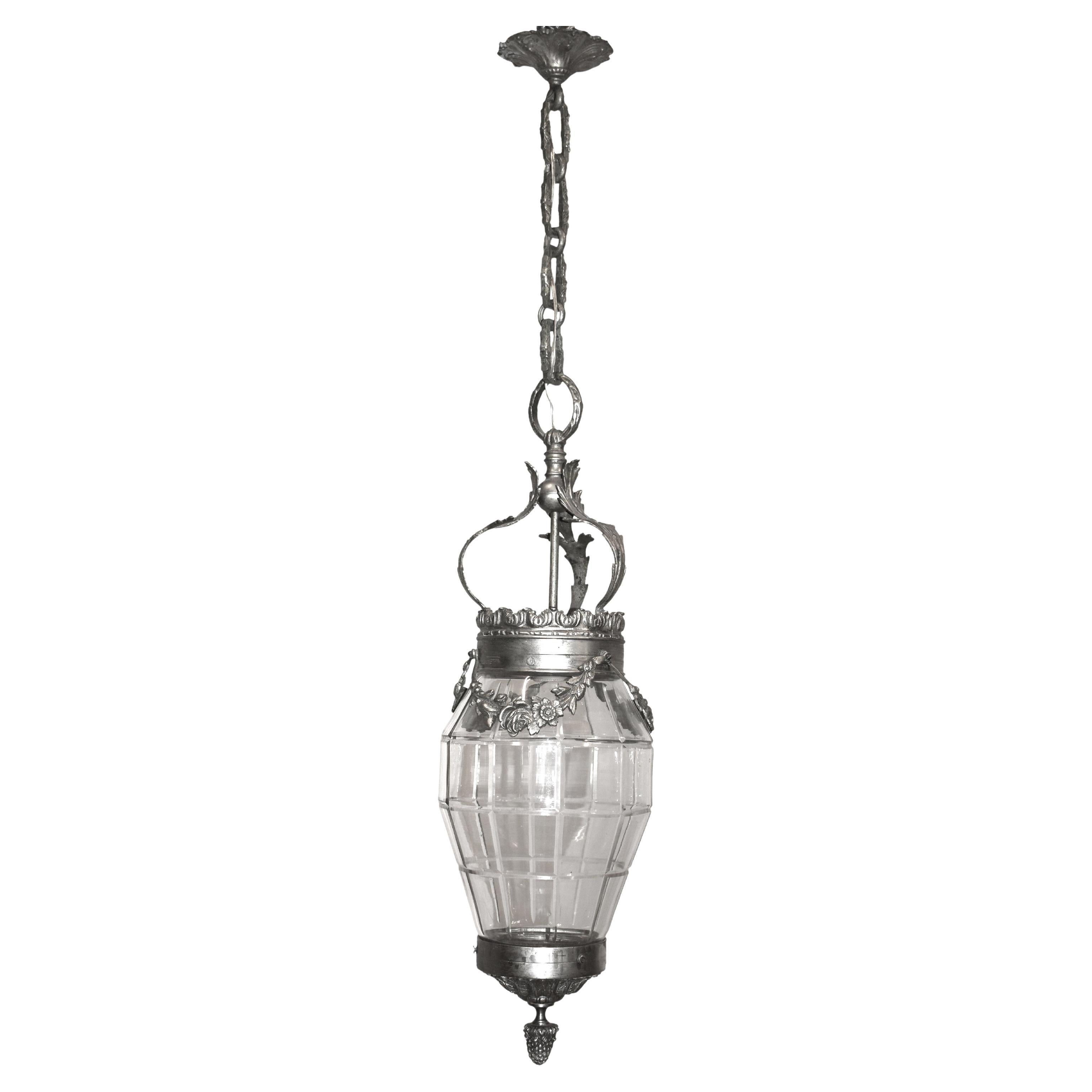 Lanterne Art Nouveau en bronze chromé et verre