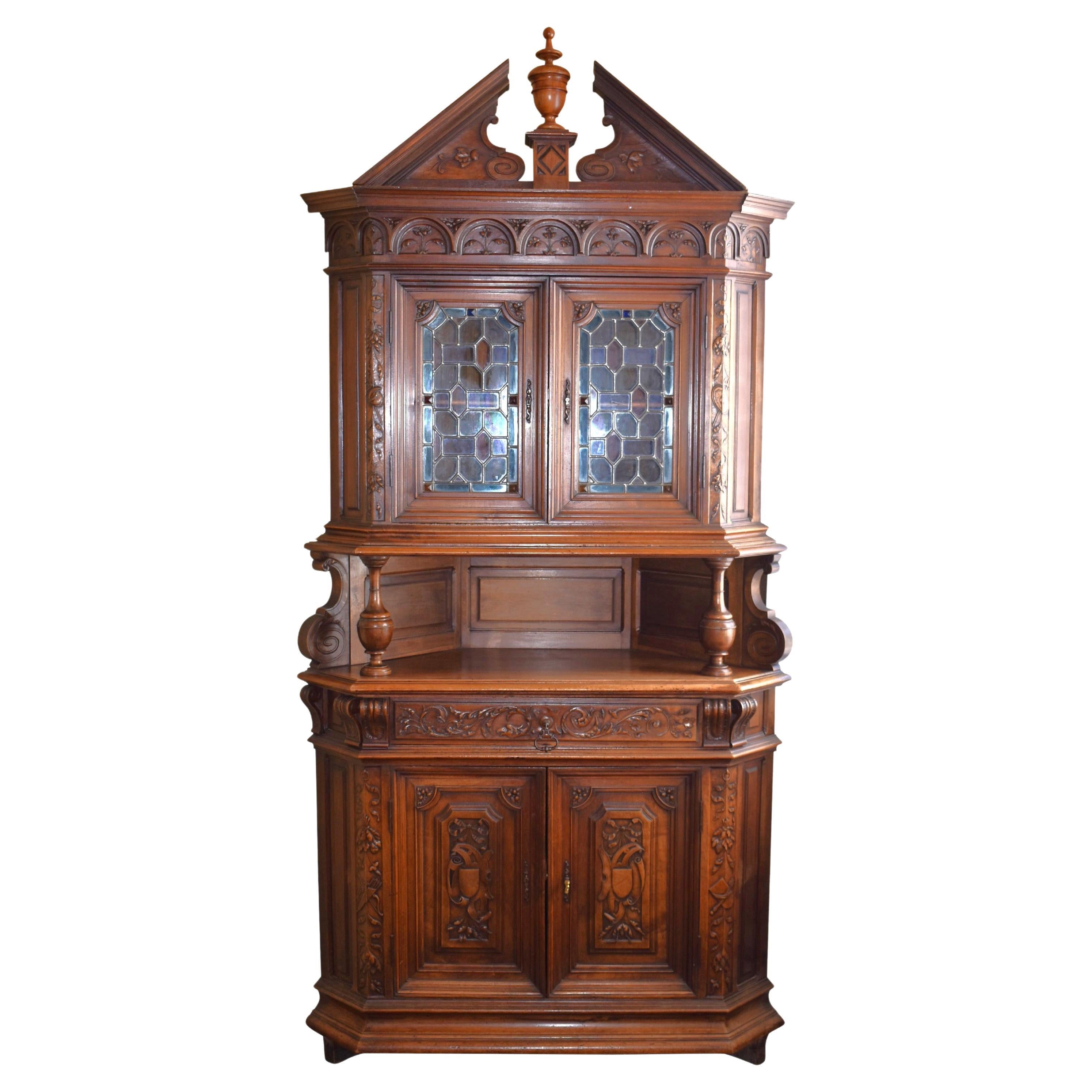 French Walnut Renaissance Revival Corner Cabinet, circa 1875