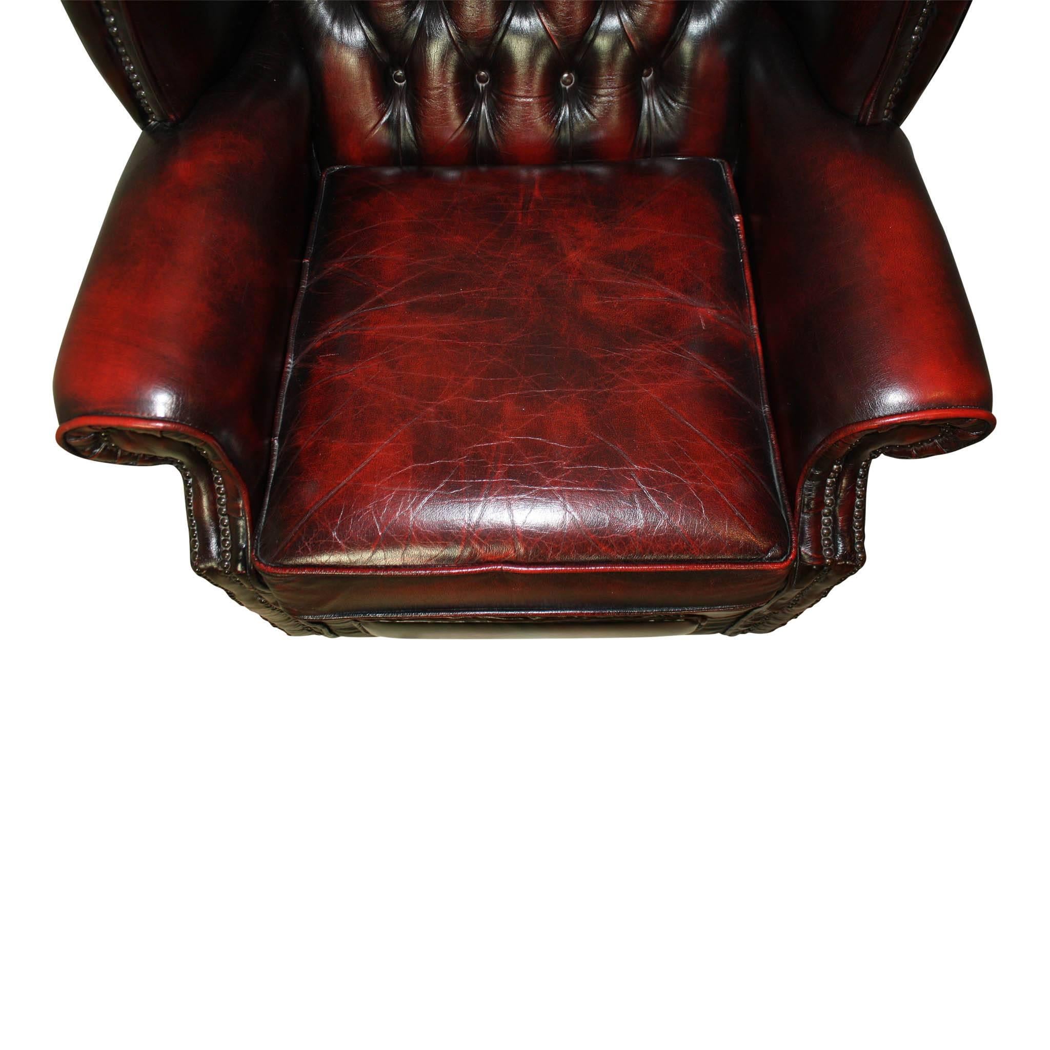 Set of Two English Chesterfield Wingback Oxblood Leather Chairs, circa 1930 In Good Condition In Evergreen, CO