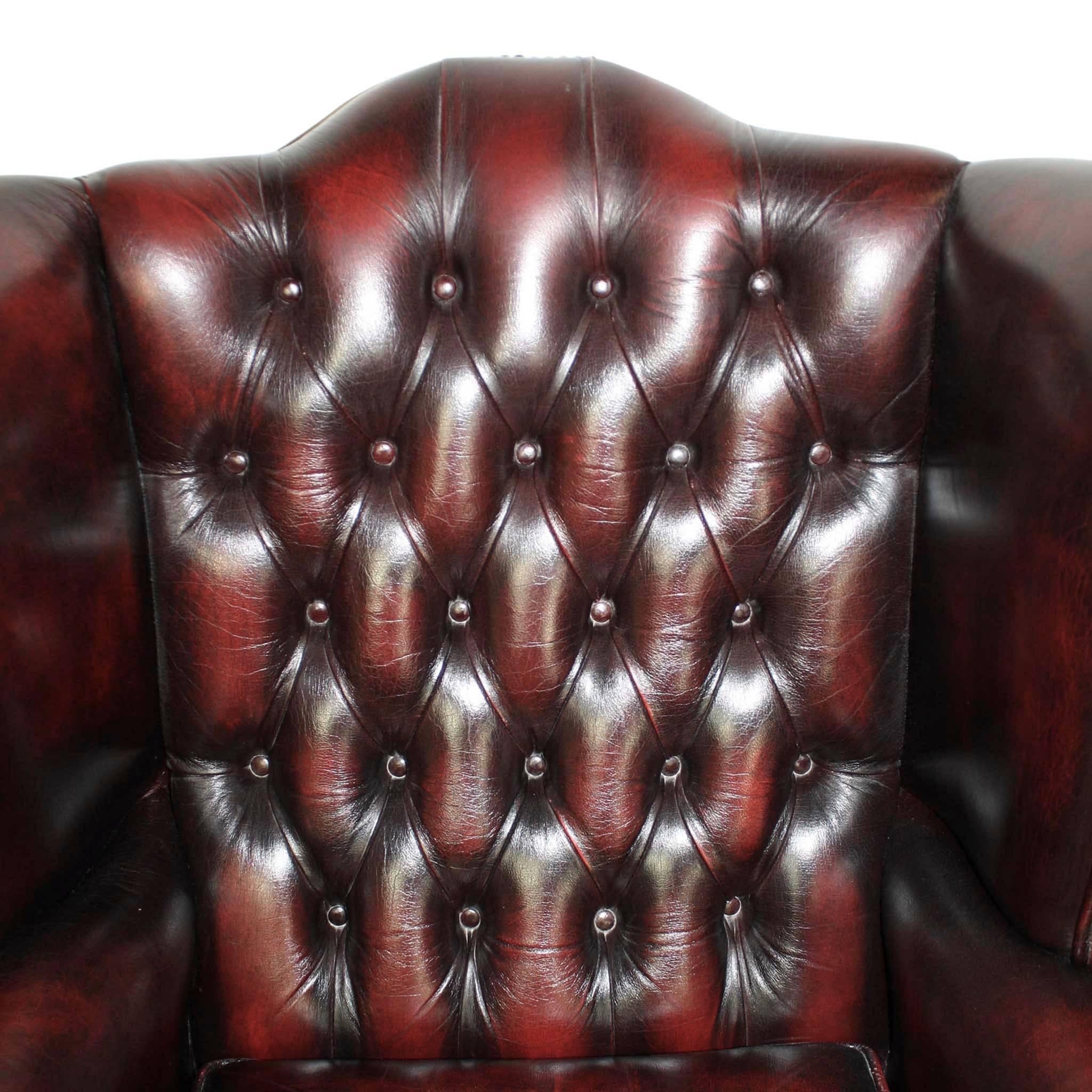 20th Century Set of Two English Chesterfield Wingback Oxblood Leather Chairs, circa 1930