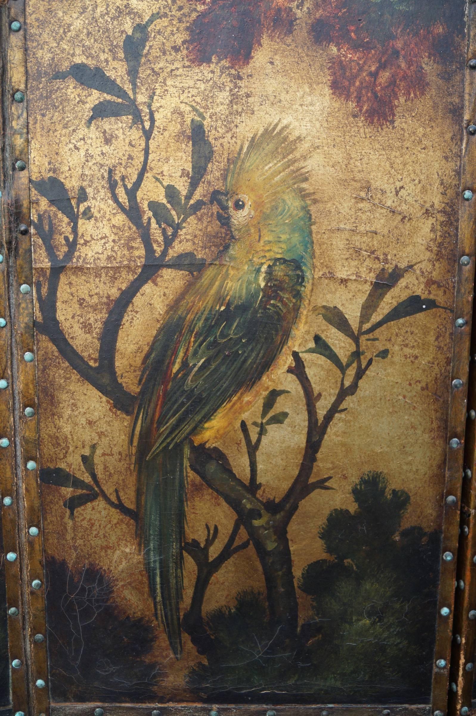 Hand-Painted Leather Screen Gilded with Birds and Floral Decoration, England, 19th Century