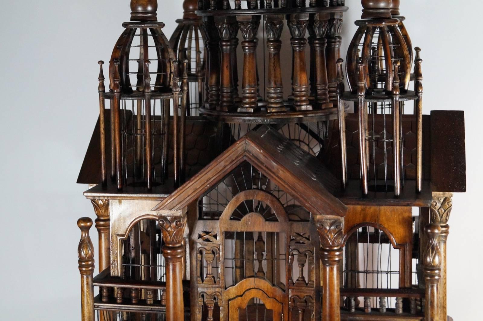 Carved Grand Architectual Mahogany Bird Cage on Stand, Italy, Early 20th Century