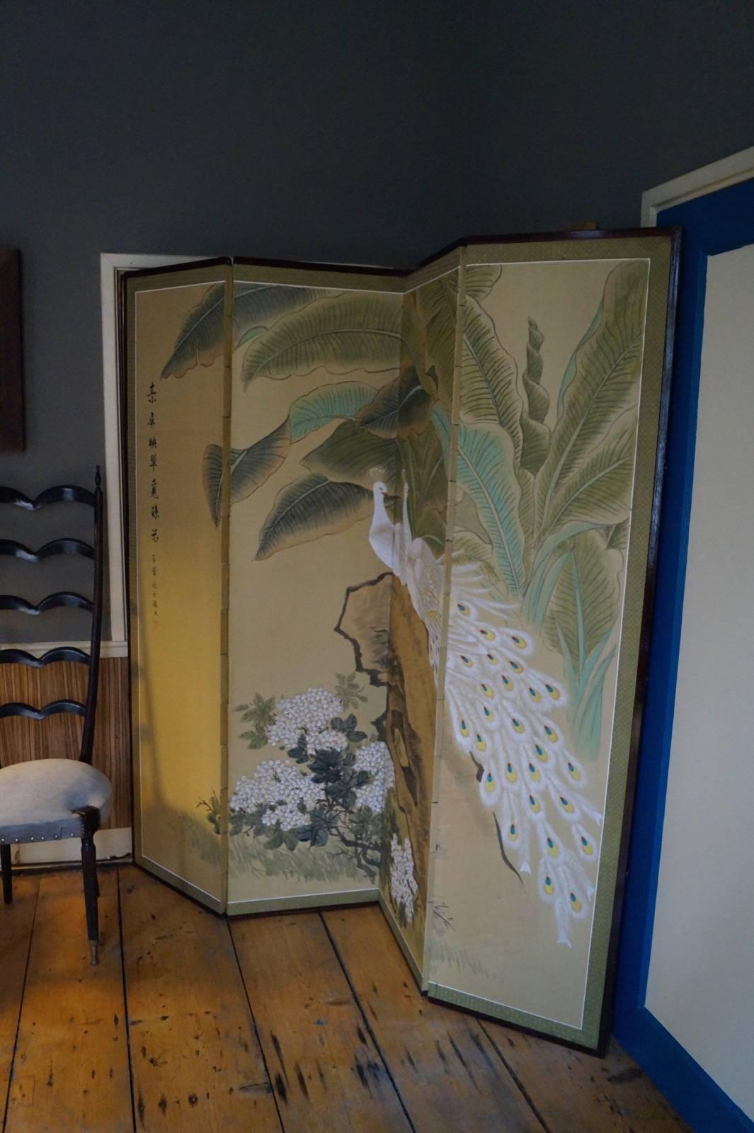 Mid-Century Modern Decorative Hand-Painted Chinese Screen with Peacocks and Floral Motives