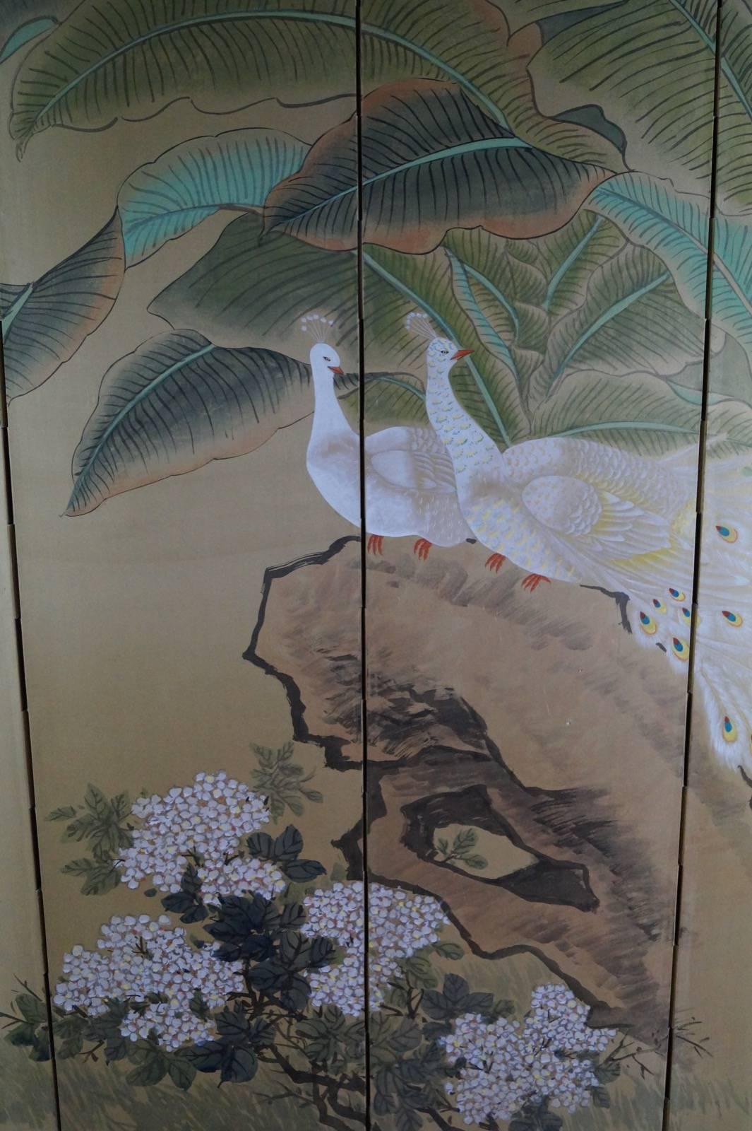 20th Century Decorative Hand-Painted Chinese Screen with Peacocks and Floral Motives