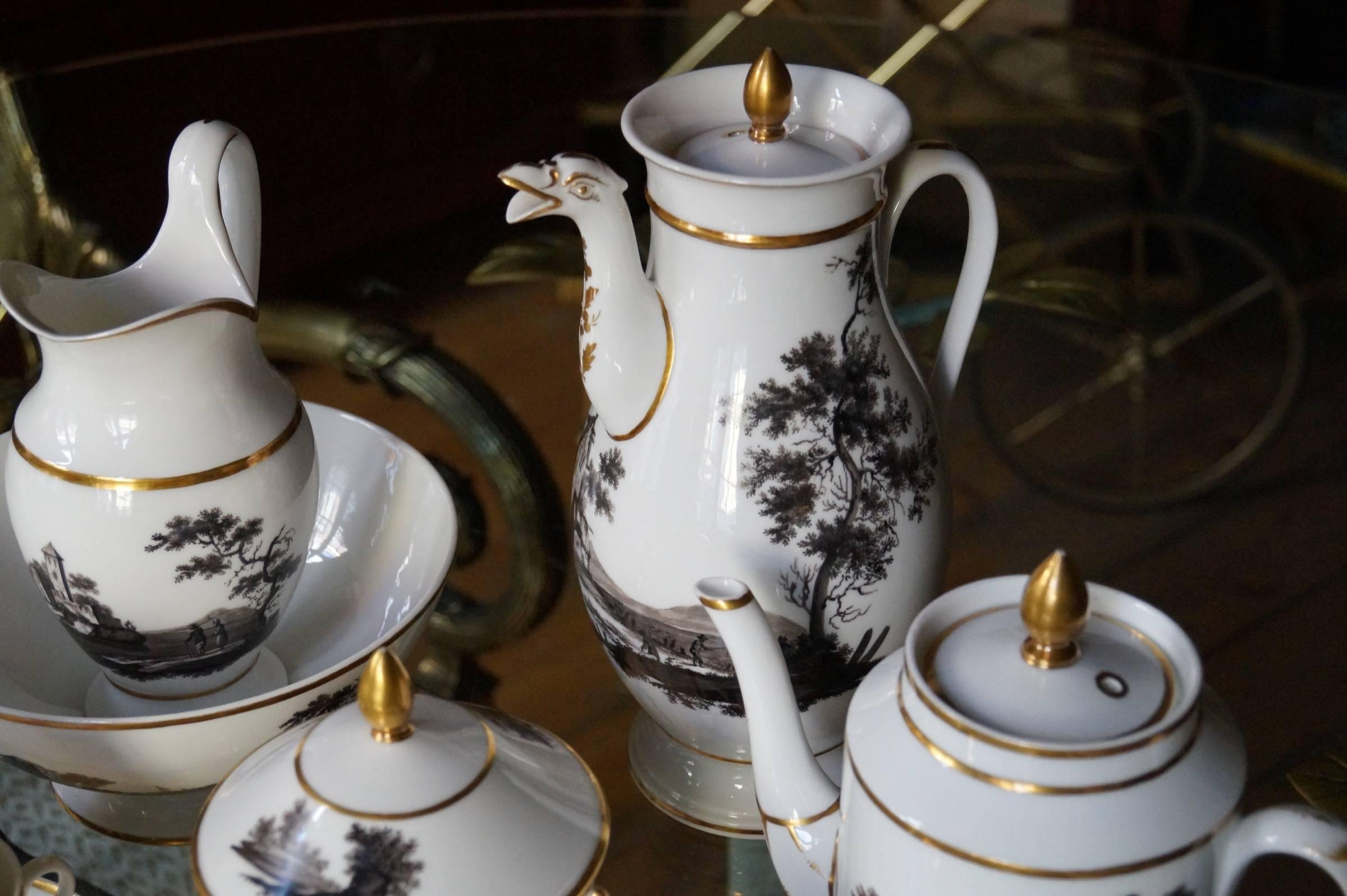Hand-Painted Black and Sepia 'Old Paris' Porcelain Coffee and Tea Service 1