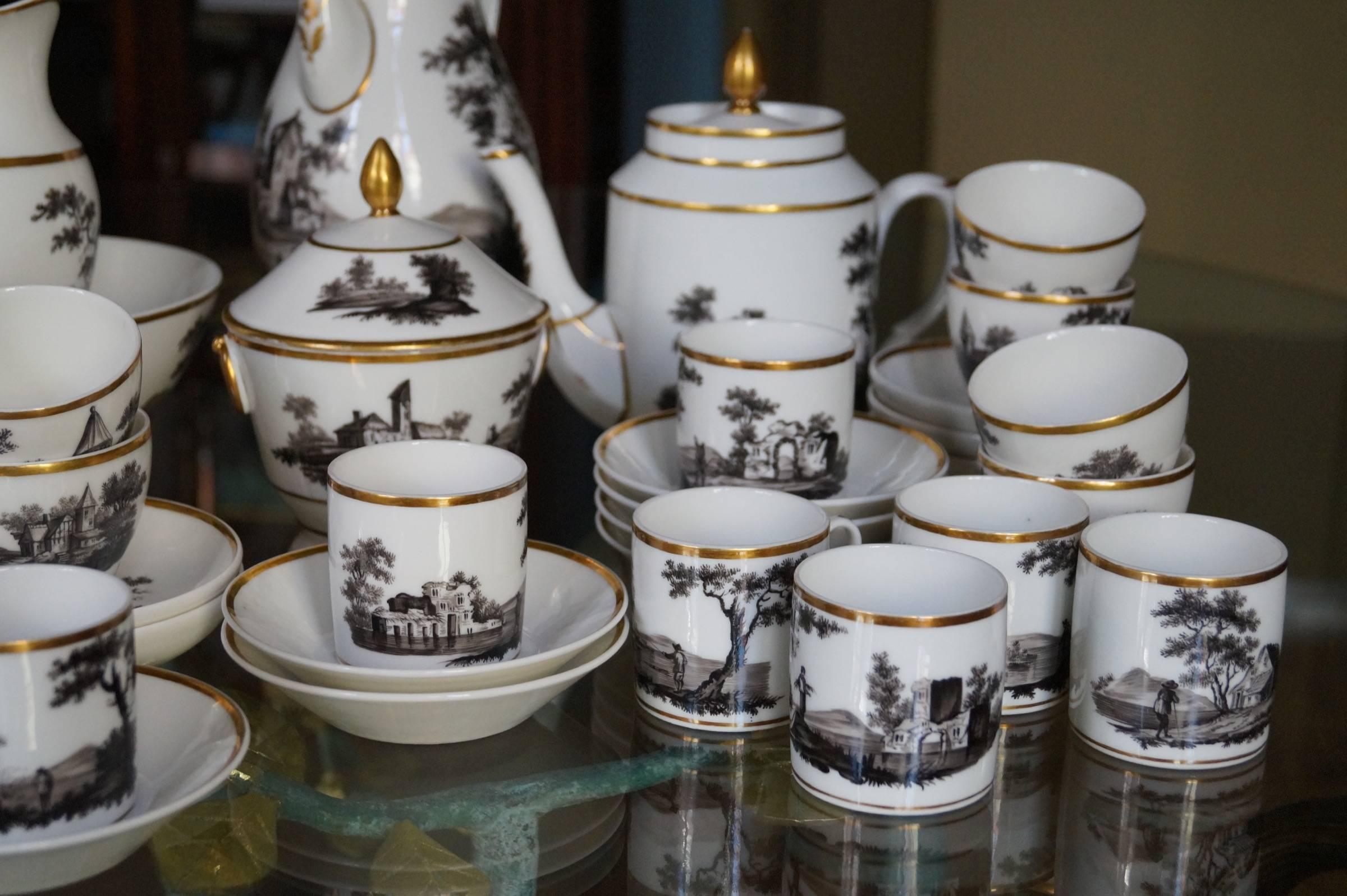 19th Century Hand-Painted Black and Sepia 'Old Paris' Porcelain Coffee and Tea Service
