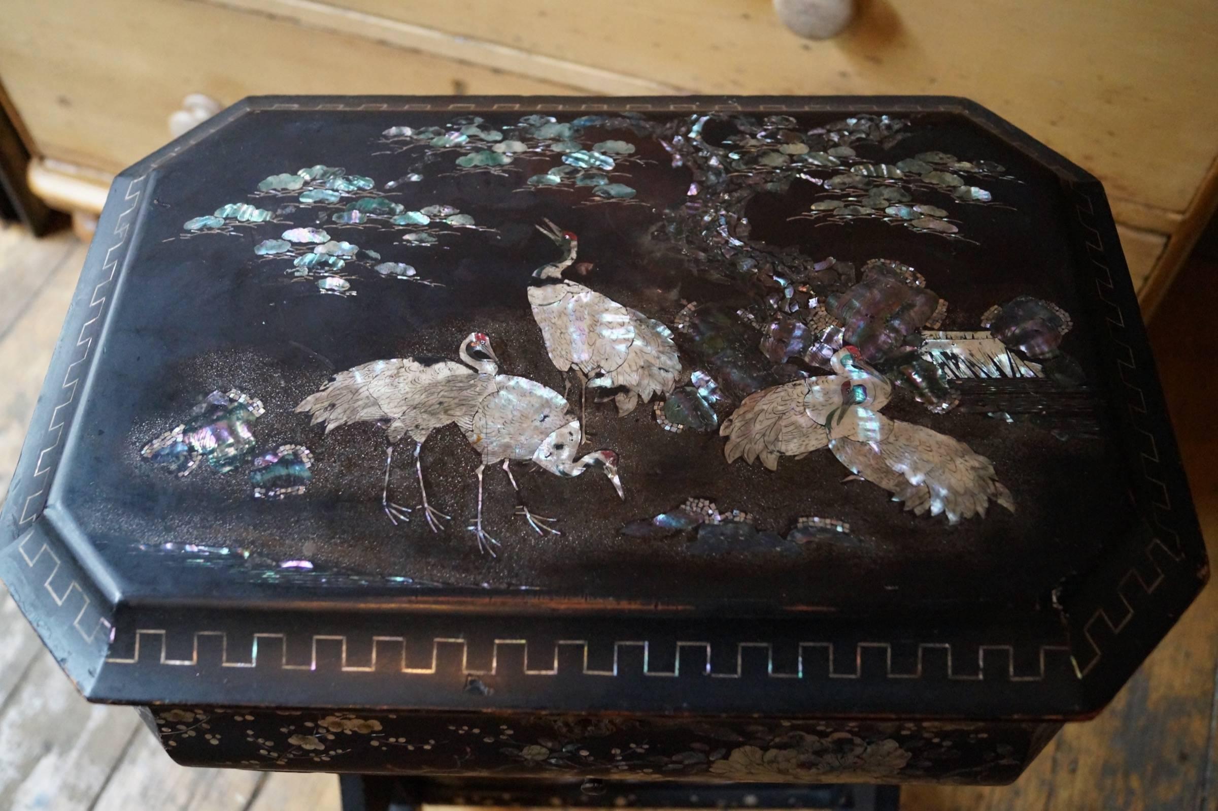 Chinoiserie late 19th century.
Beautifully decorated with mother-of-pearl.
Exclusive and very decorative storage or sewing box.
Also called Lady’s work table.

Measures: HxWxD  78cm x 46cm x 30cm.
 