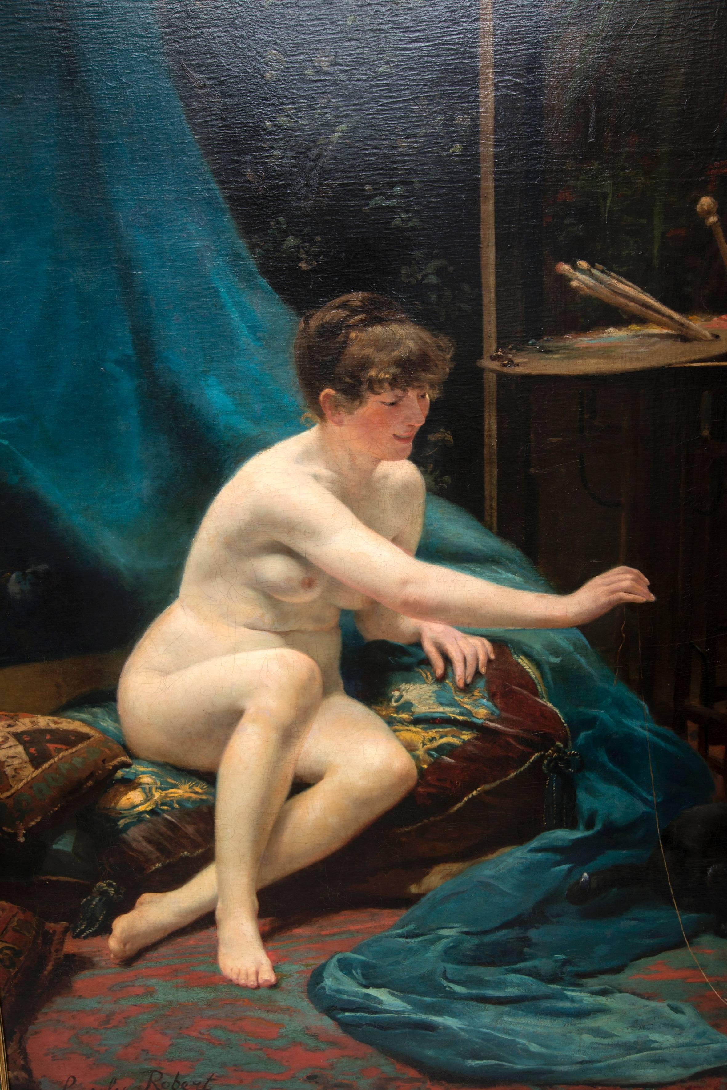 French Posing Model Very Large Oil on Canvas by Robert Berly Dated in 1884 For Sale