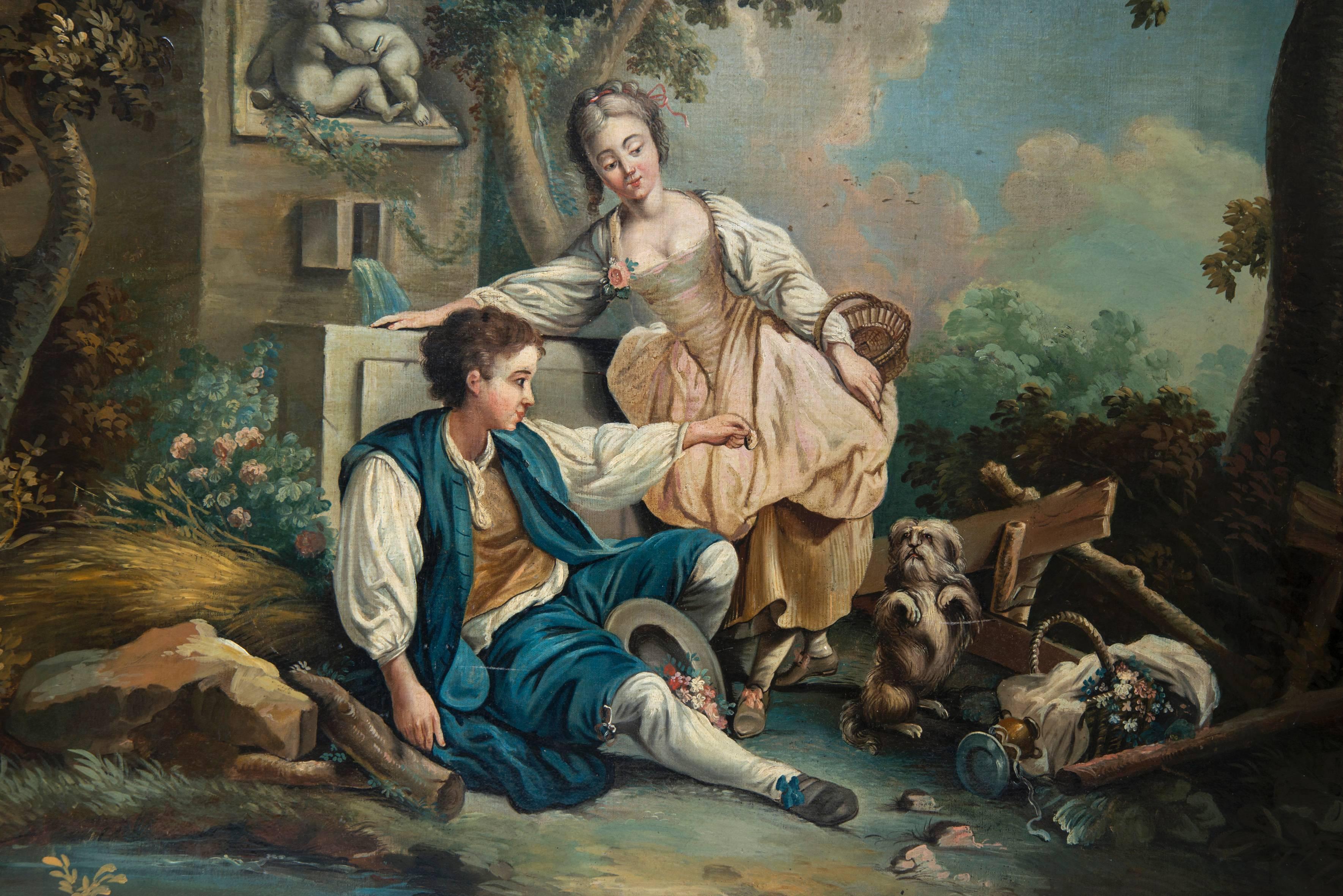 Outstanding set of four oil paintings in the style of François Boucher (1703-1770) great French painter of the 18th century. Listed in the book about the artist Alexander Annanoff to Wildenstein Editions. Original paintings in perfect condition.