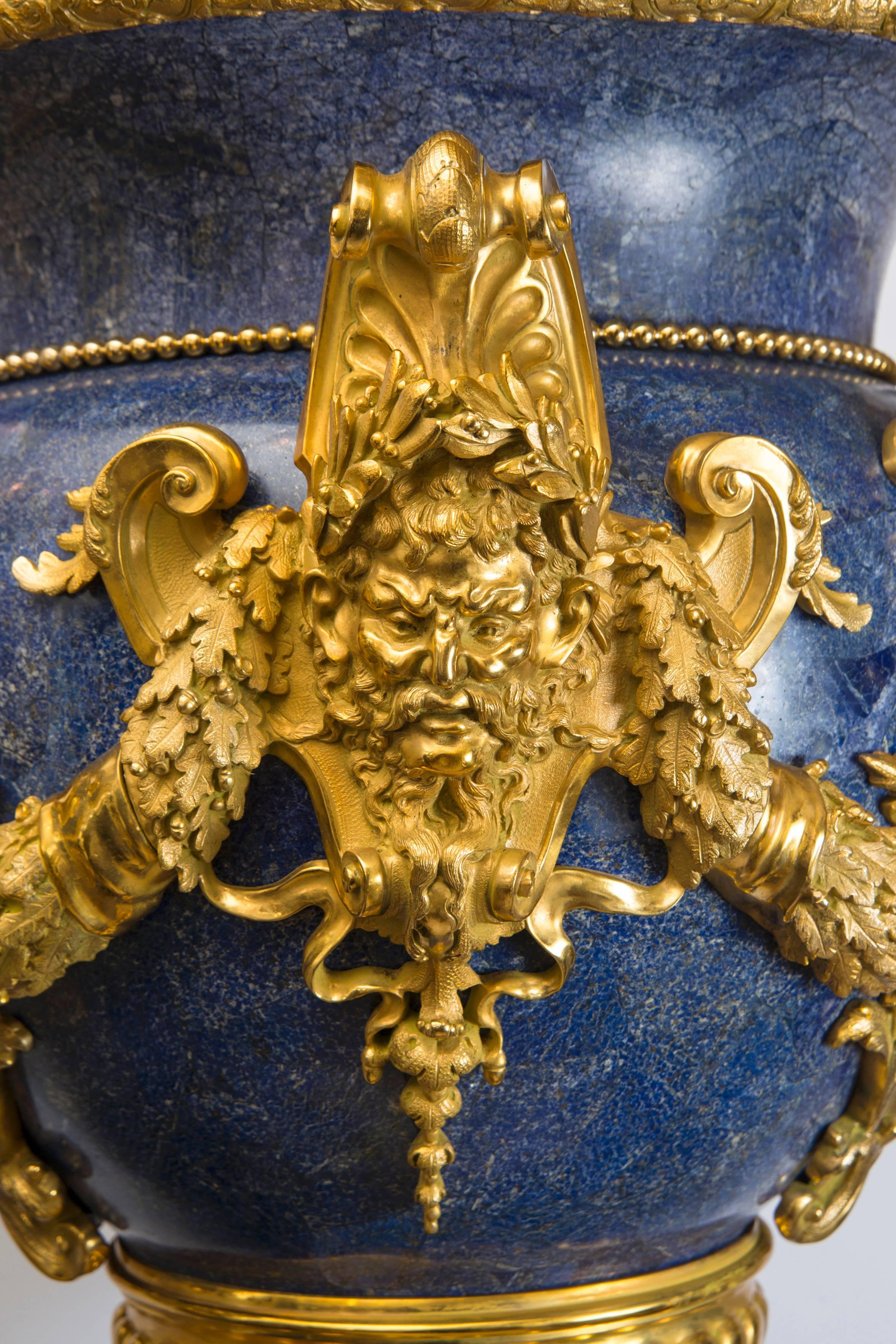 20th Century Exceptional Pair of Louis XVI Style Vases Made in Lapis Lazuli and Golden Bronze For Sale