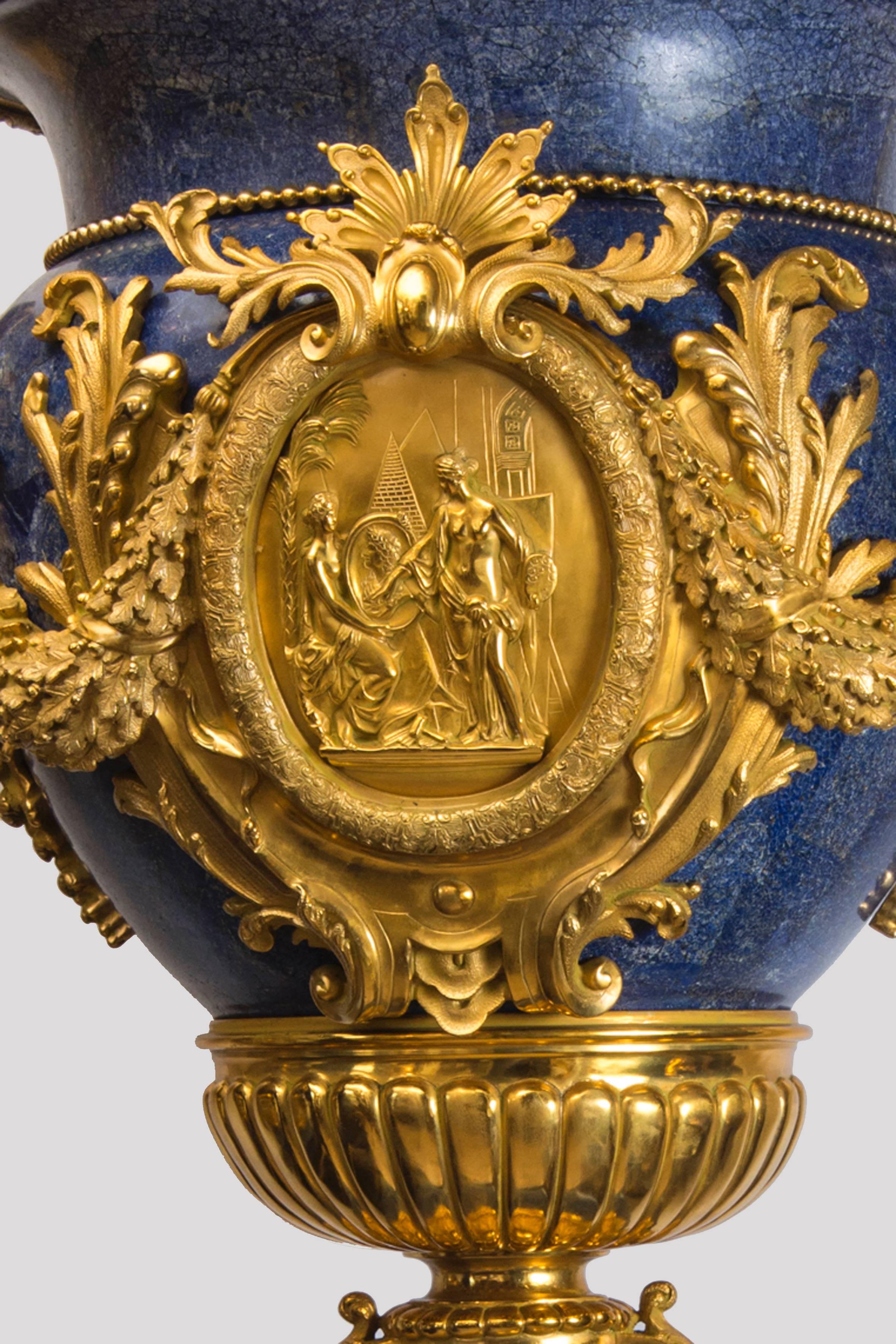 Other Exceptional Pair of Louis XVI Style Vases Made in Lapis Lazuli and Golden Bronze For Sale