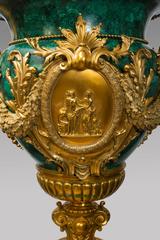 Exceptional Pair of Louis XVI Style Vases Mount Gilded Bronze and Malachite