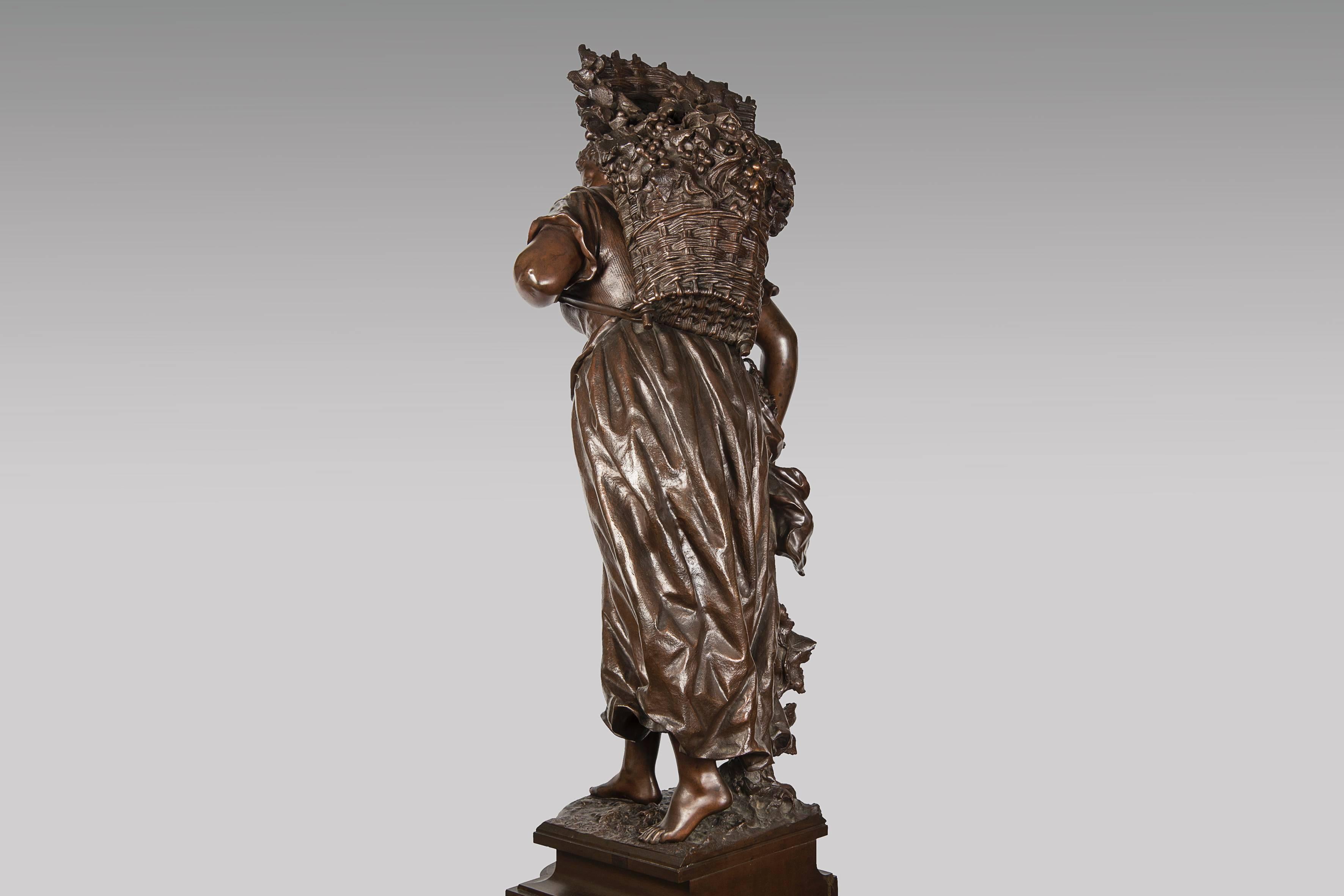 19th Century La Vendangeuse Original Nuanced Brown Patina Bronze by E. Rancoulet, Signed