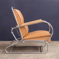 Adjustable Tubular Easy Chair in Original Leather + Wooden Armrests, circa 1930