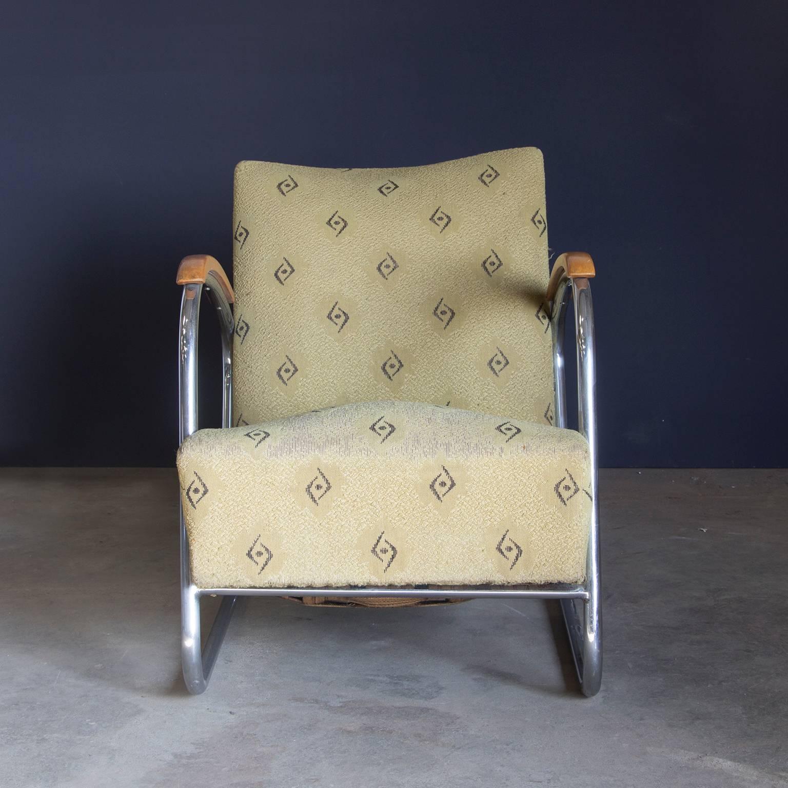 Original, Early Vintage Tubular Easy Chair with Original Fabric, circa 1930 In Good Condition For Sale In Amsterdam IJMuiden, NL