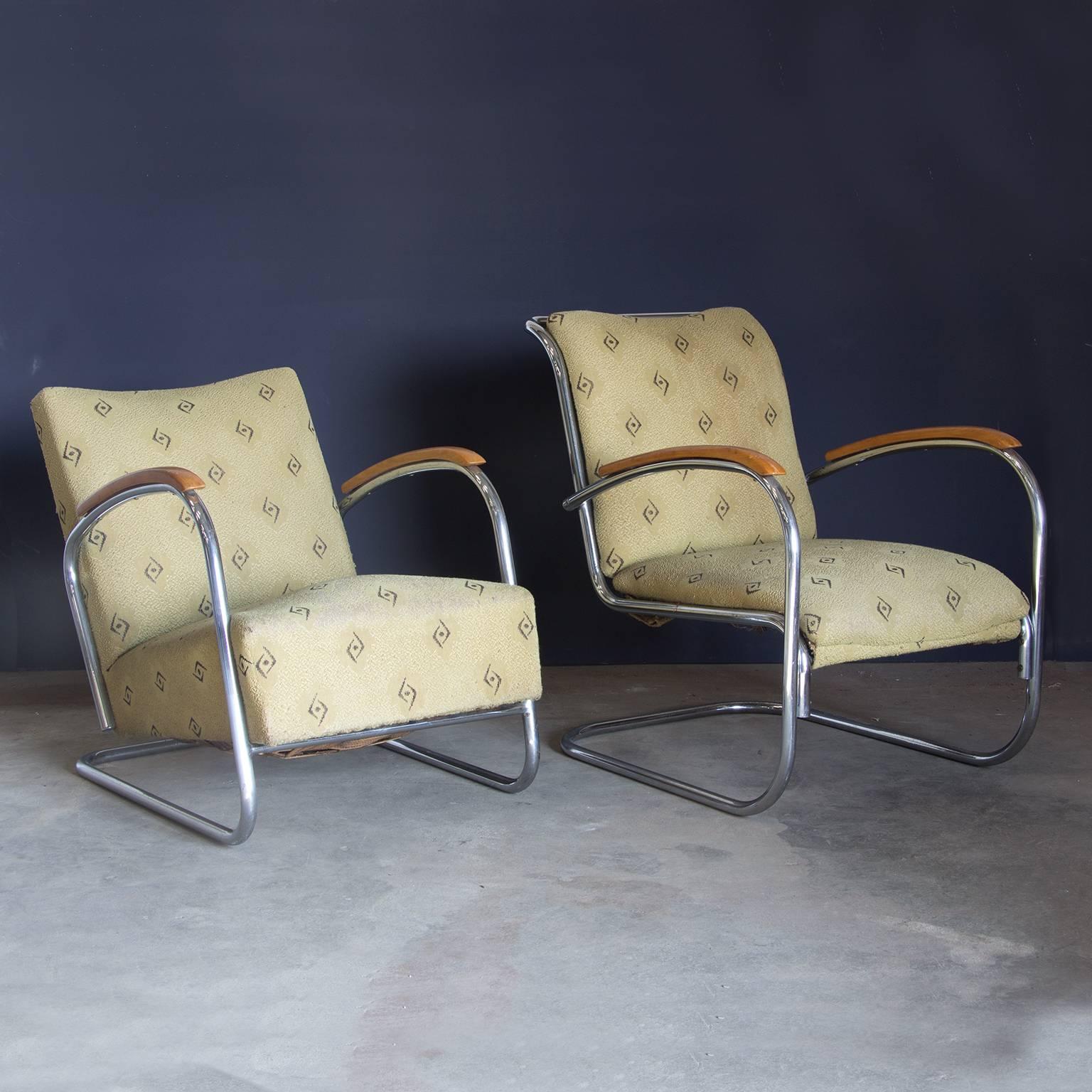 Original, Early Vintage Tubular Easy Chair with Original Fabric, circa 1930 For Sale 3